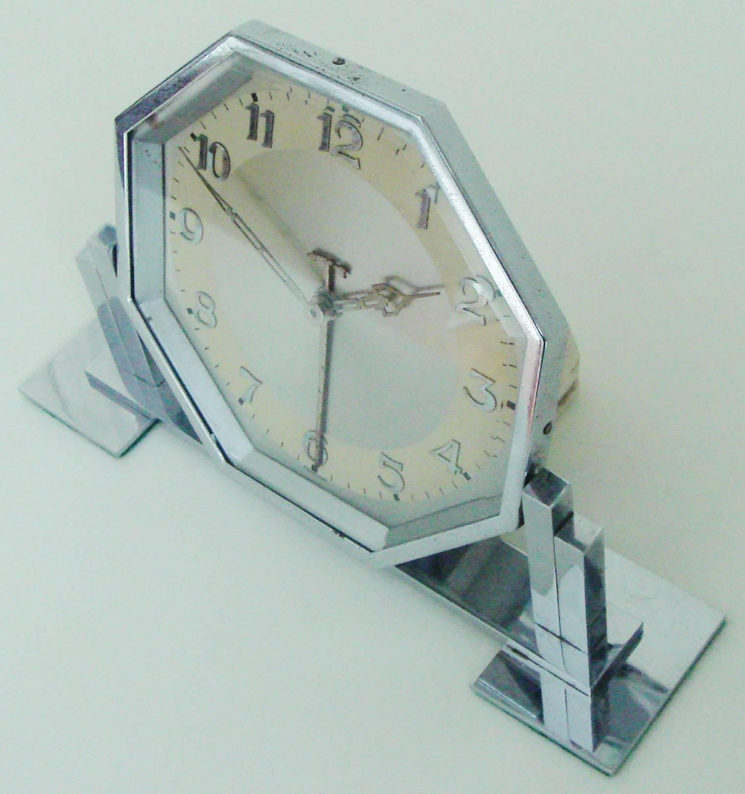 Plated Large German Art Deco Chrome Hexagonal Tilting Alarm Clock For Sale