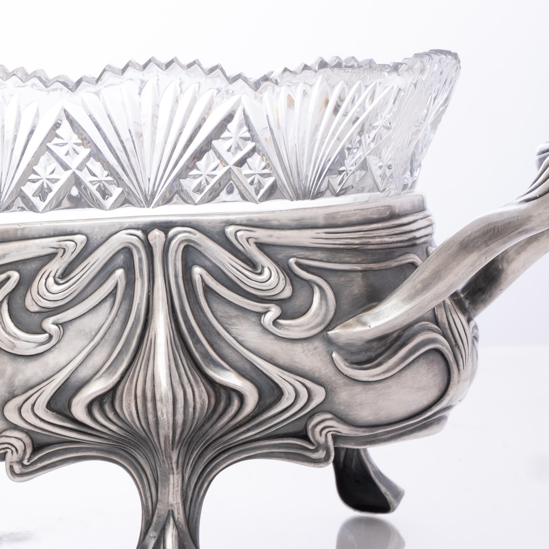 Large german art nouveau period 800 silver centerpiece with removable crystal insert. Marks to silver include crescent moon & crown, 800 silver & maker's hallmarks. Approx. 24.55 troy ounces. Very good. No monograms. Crystal insert is also very