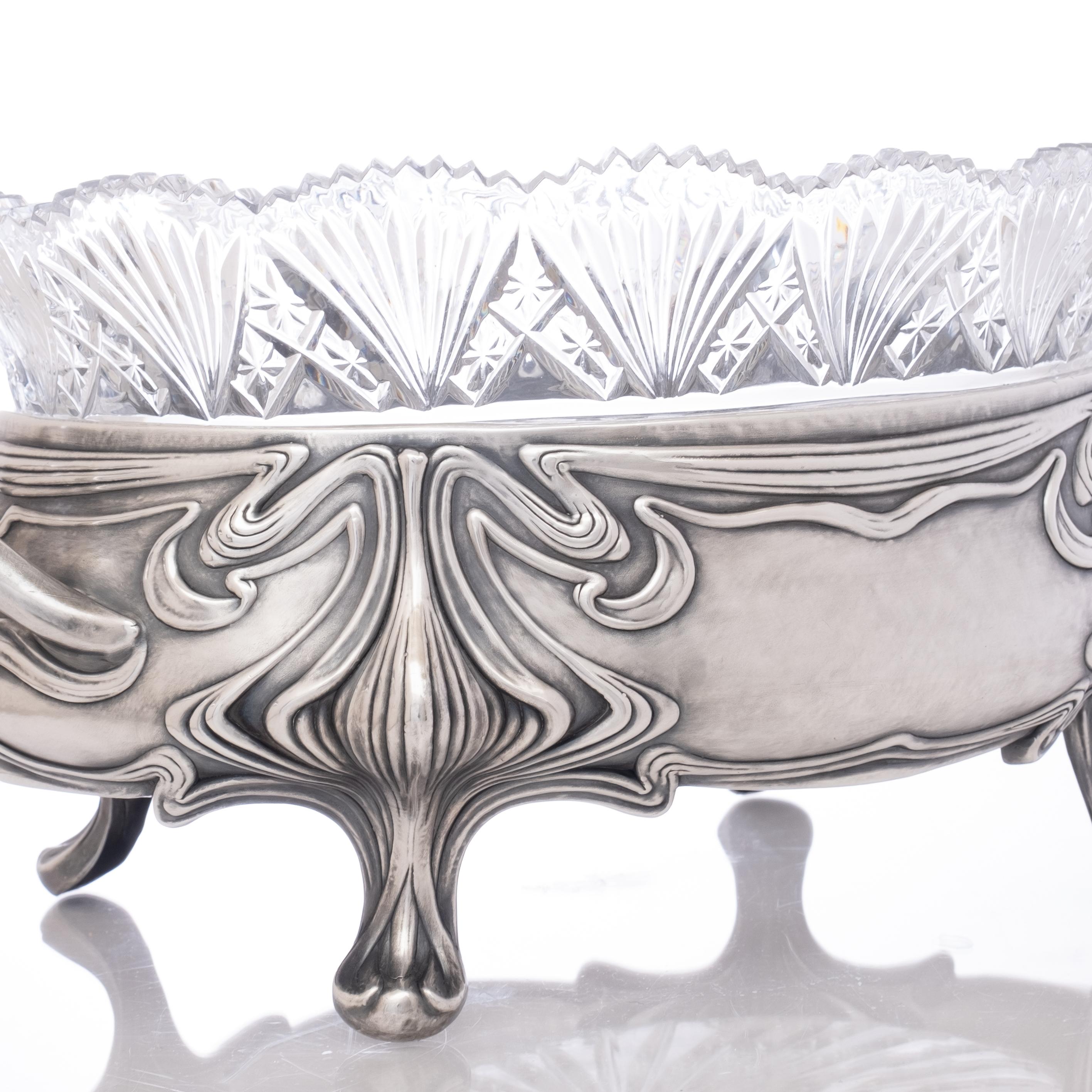 Large German Art Nouveau, Period 800-Silver & Cut Crystal Centerpiece In Good Condition In Hudson, NY