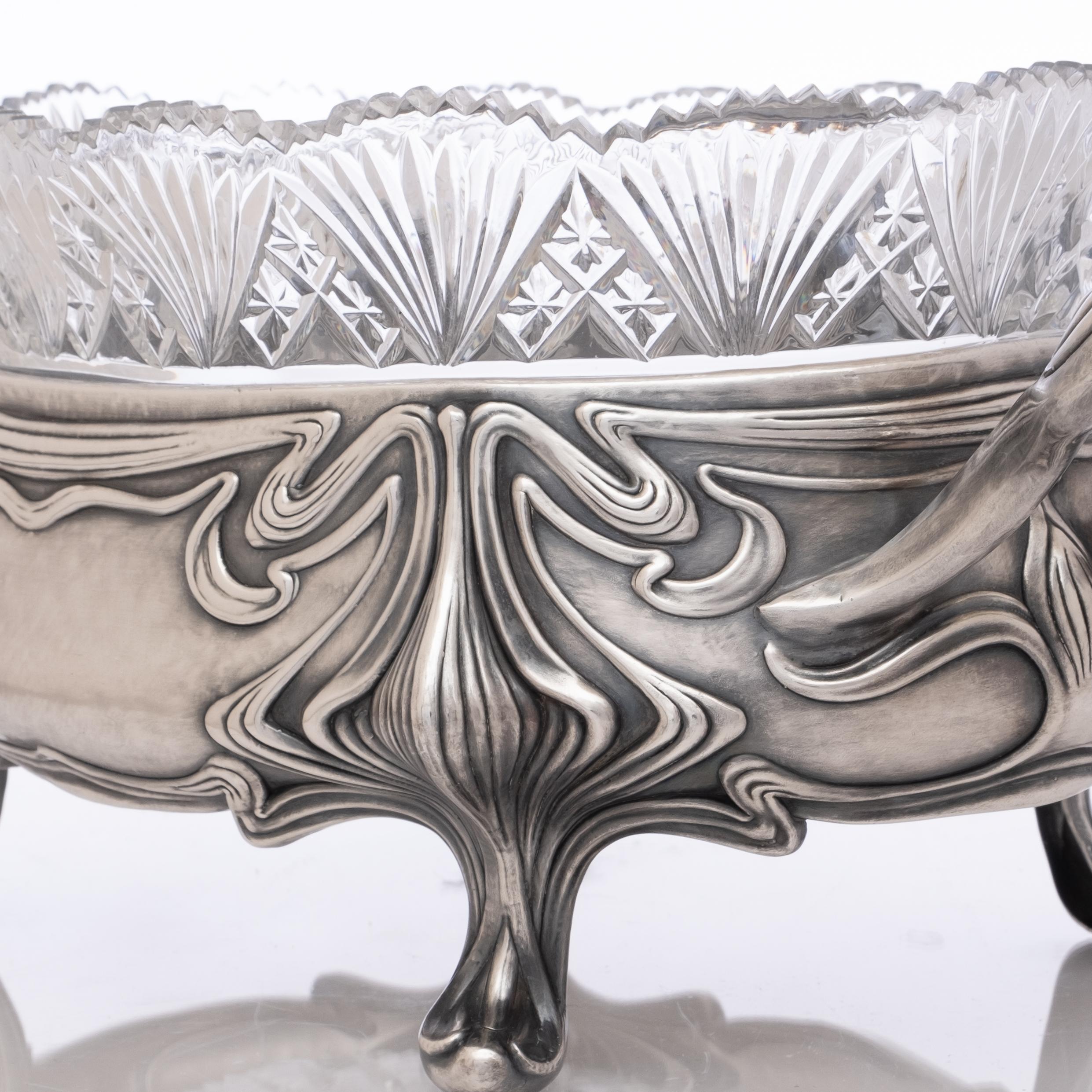 19th Century Large German Art Nouveau, Period 800-Silver & Cut Crystal Centerpiece
