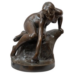Large German Art Nouveau Seated Nude Woman Reaching for Water, Signed E. Freese