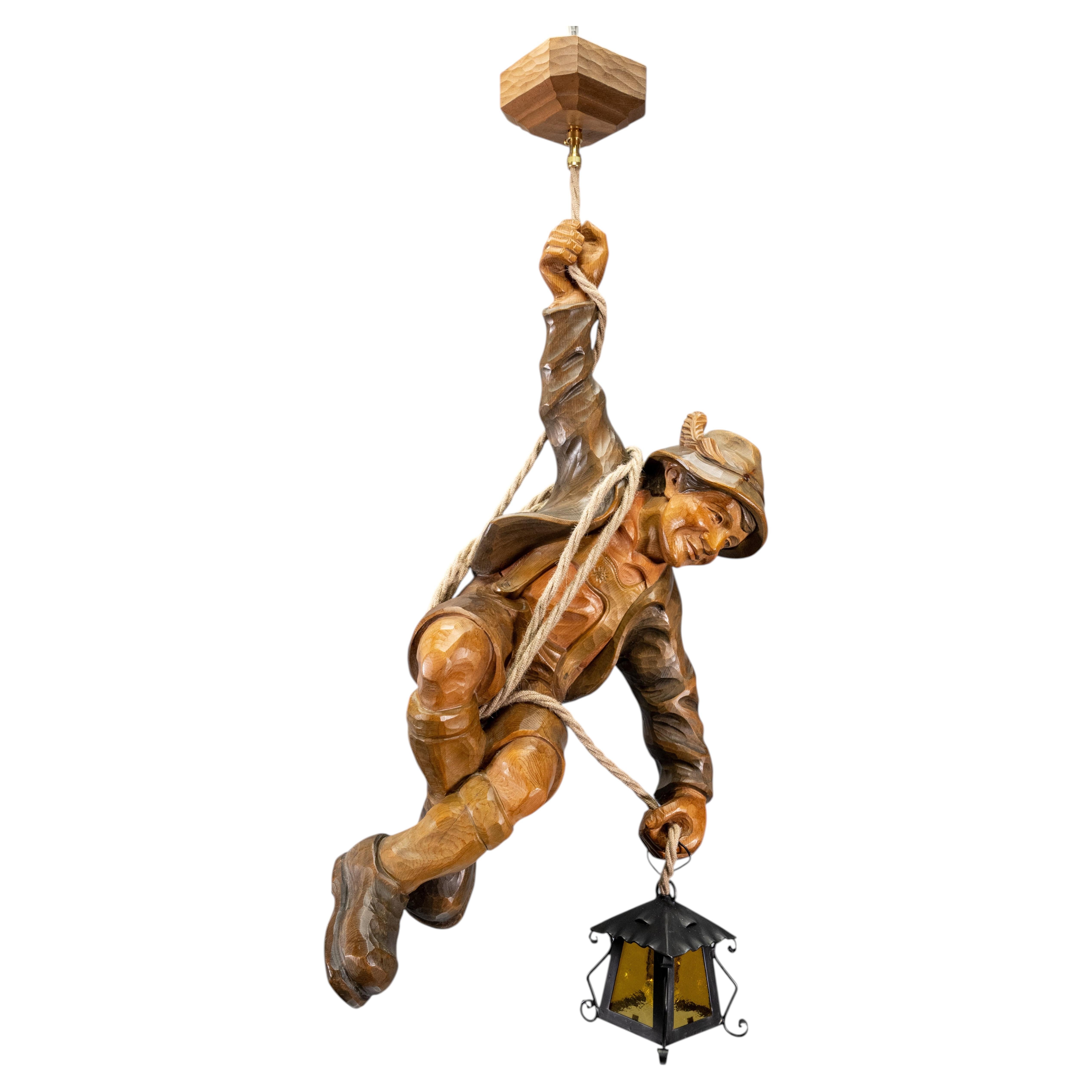 Large German Black Forest Carved Wood Mountaineer with Lantern, 1950s