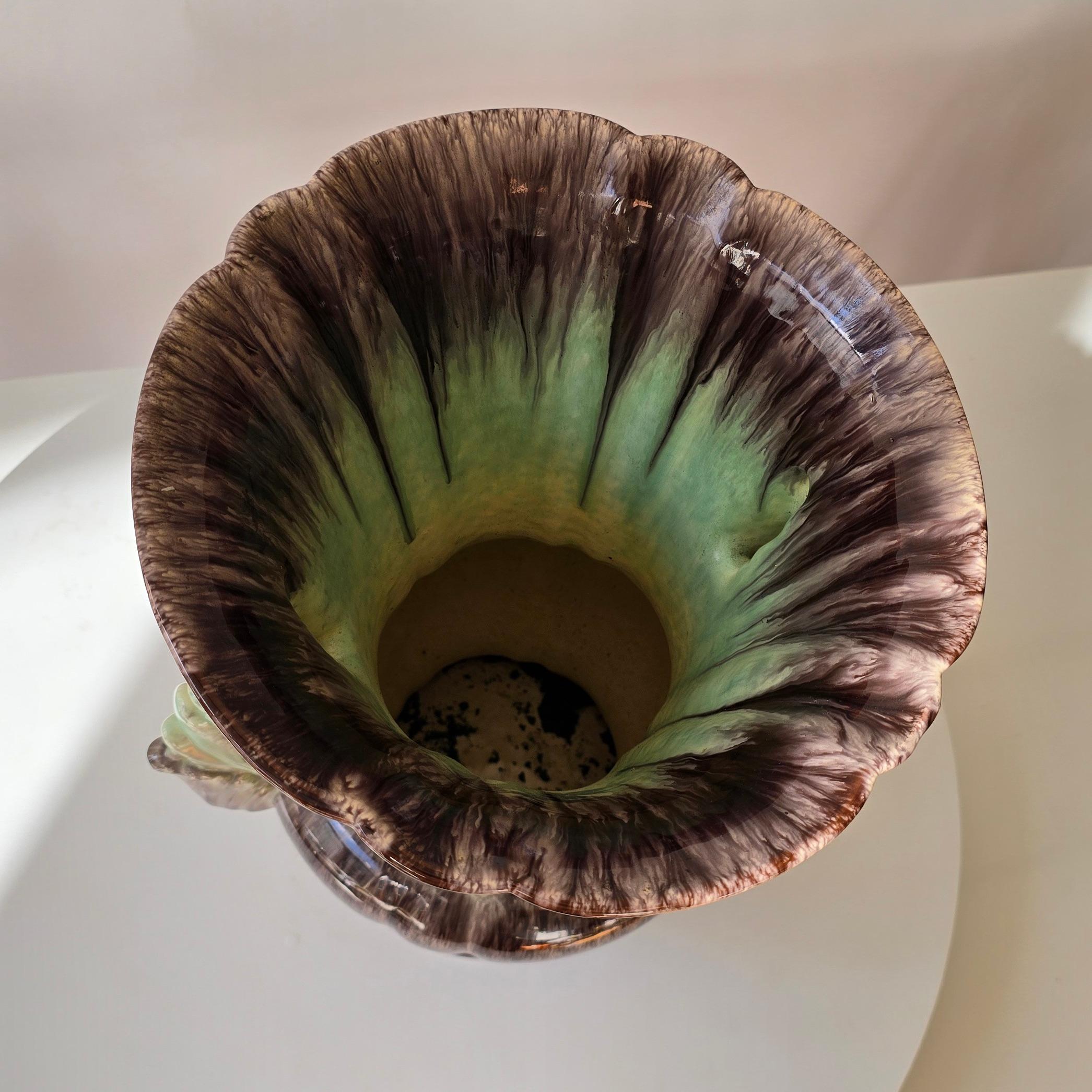 Grande vaso tedesco in ceramica a lava grassa, smalto a goccia marrone e verde, anni '50 in vendita 3