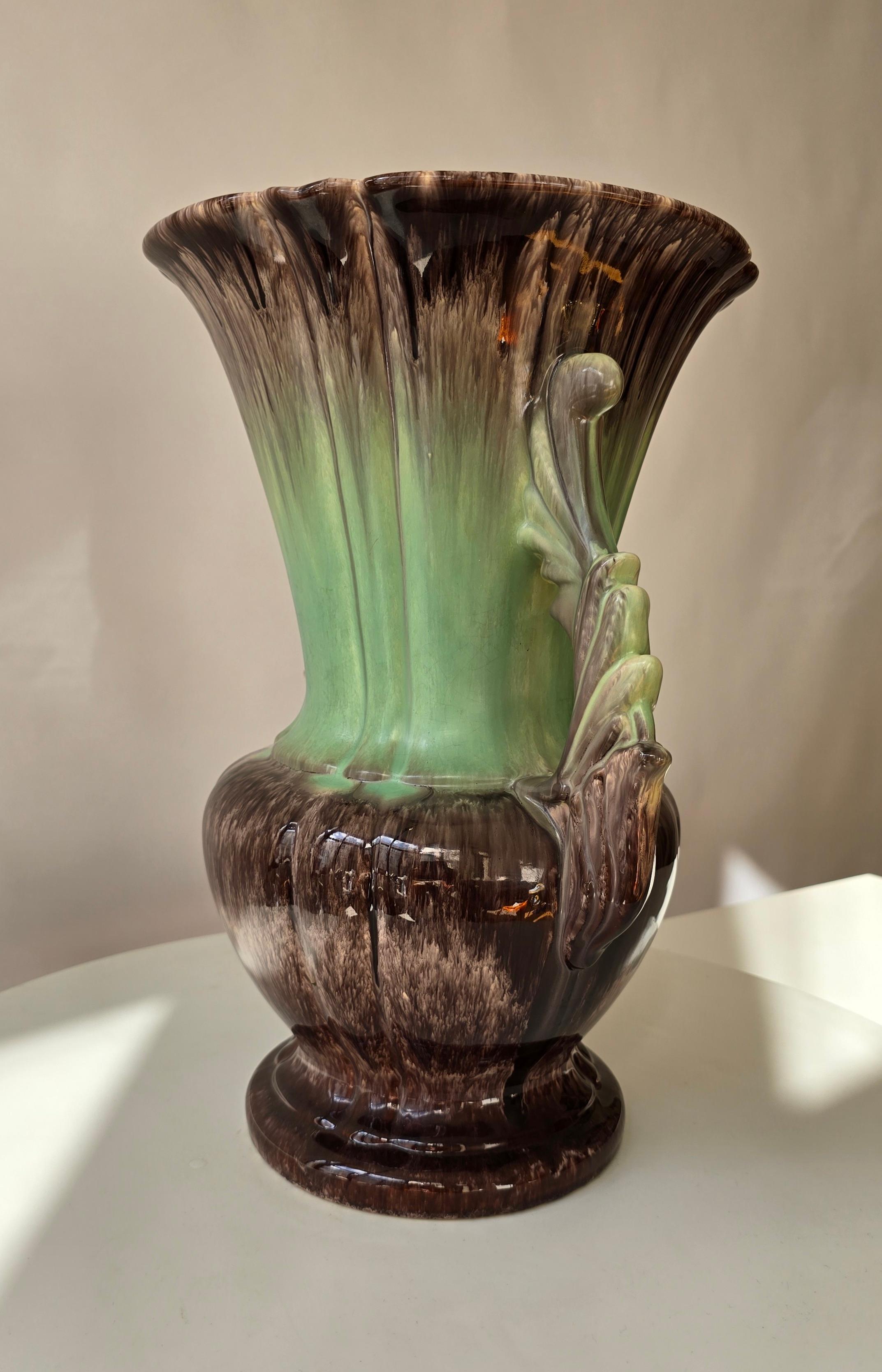 Tedesco Grande vaso tedesco in ceramica a lava grassa, smalto a goccia marrone e verde, anni '50 in vendita