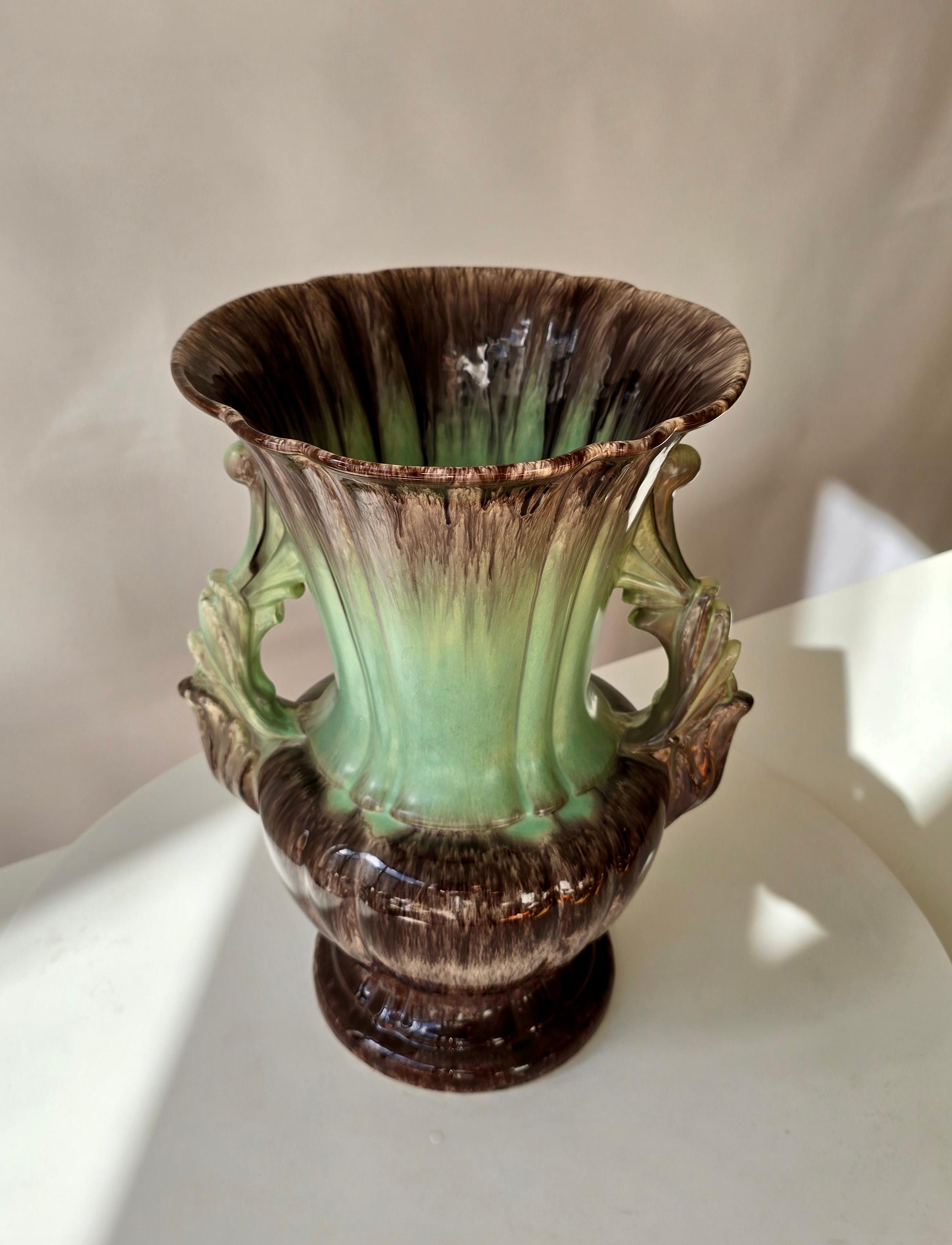 Ceramica Grande vaso tedesco in ceramica a lava grassa, smalto a goccia marrone e verde, anni '50 in vendita
