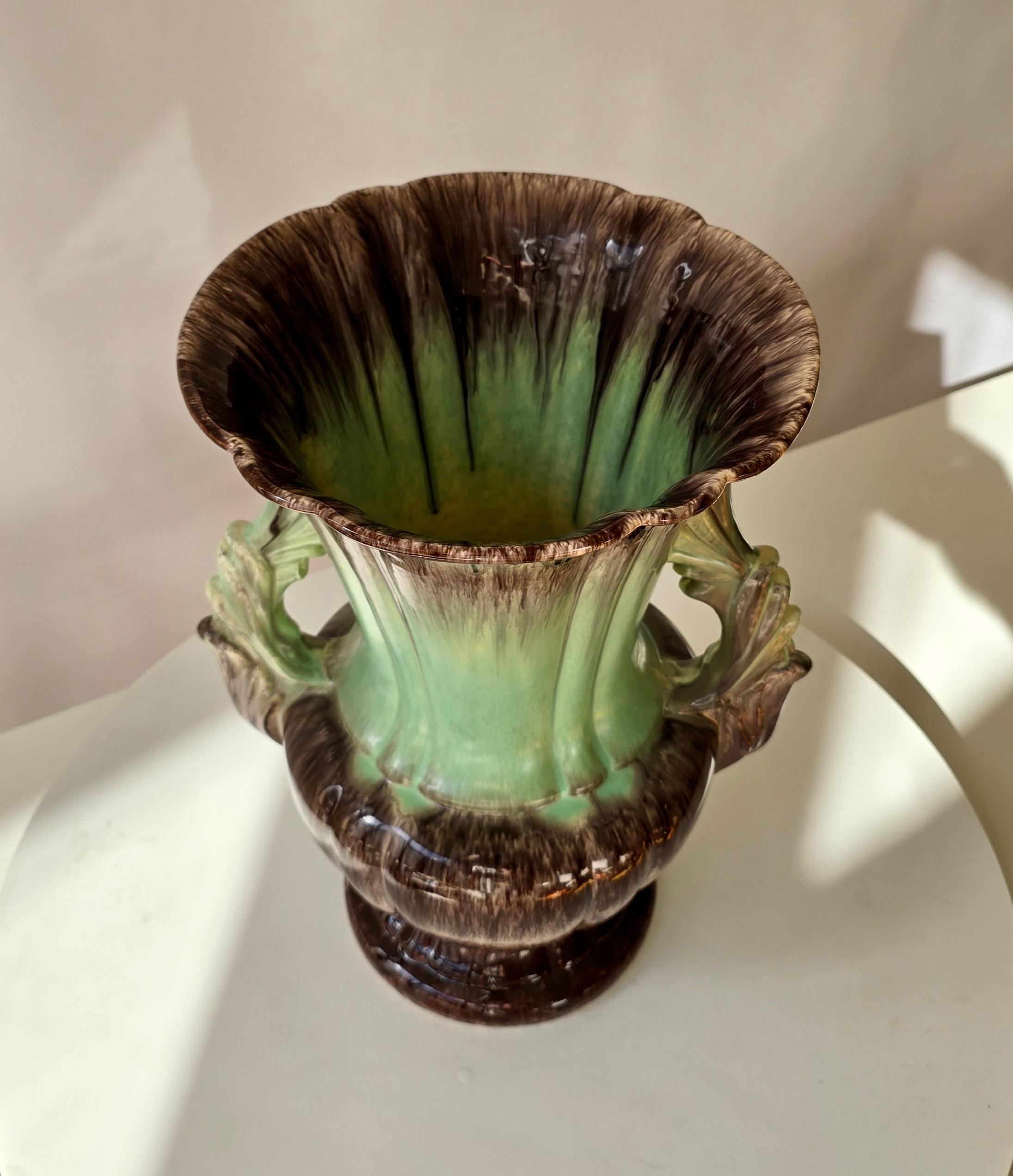 Grande vaso tedesco in ceramica a lava grassa, smalto a goccia marrone e verde, anni '50 in vendita 1