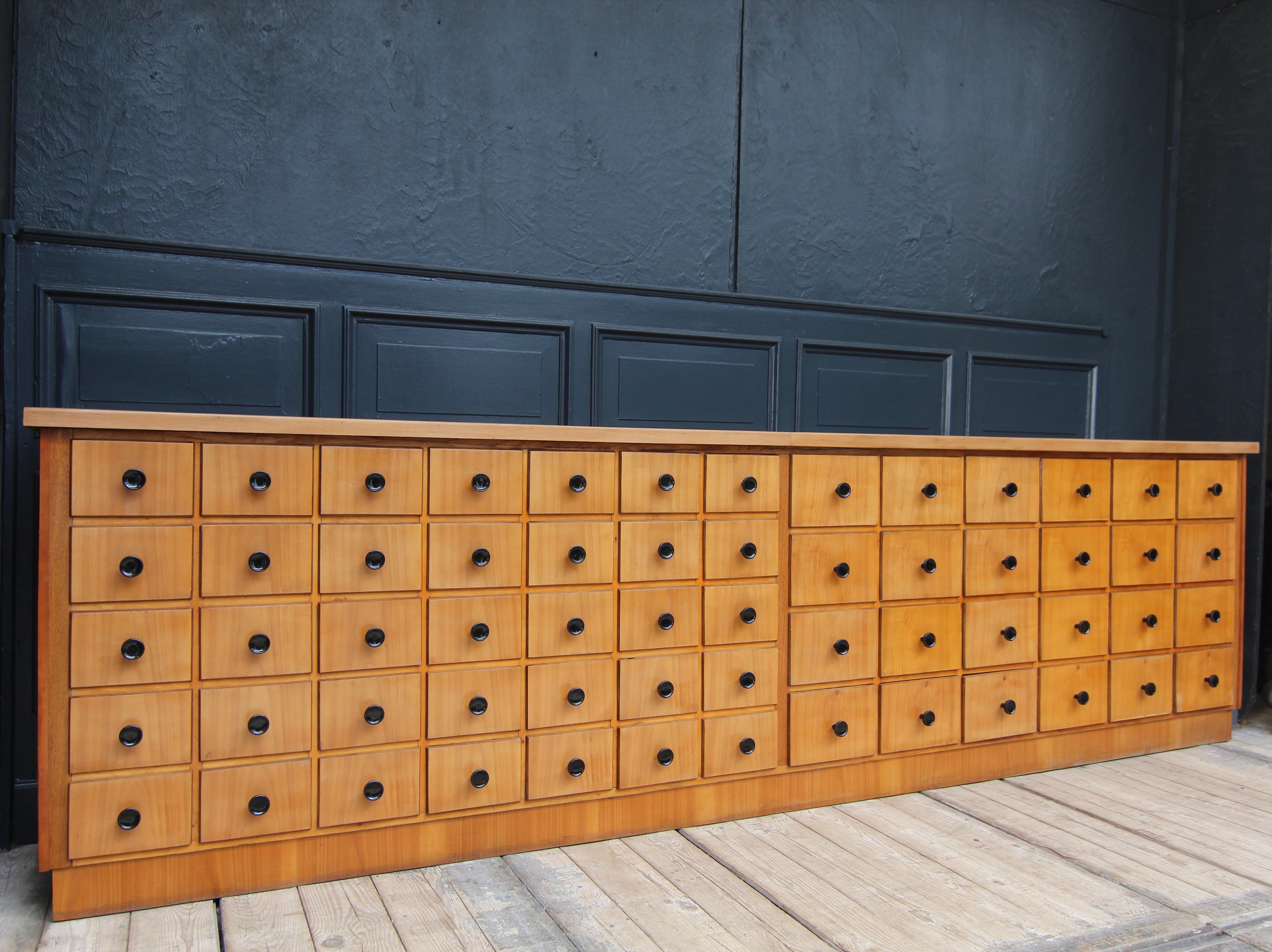 Veneer Large German Cherrywood Apothecary Cabinet or Bank of Drawers