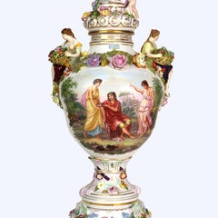 Large German Dresden Figural, Scenic & Floral Lidded Porcelain Palace Urn c1880