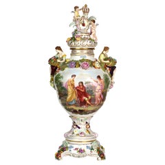 Large German Dresden Figural, Scenic & Floral Lidded Porcelain Palace Urn c1880
