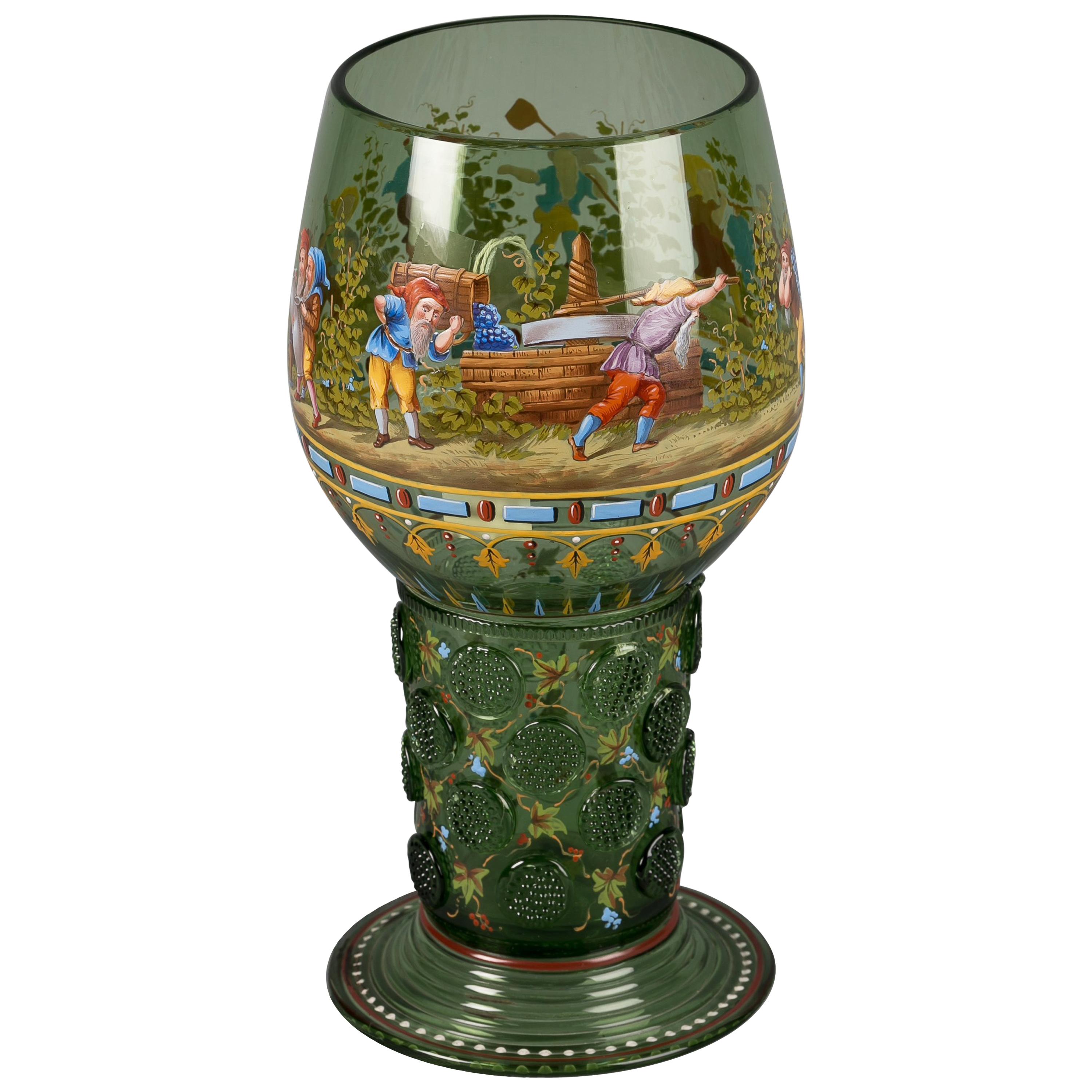 Large German Enameled Green Glass Goblet, Lobmeyer, circa 1880