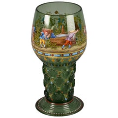 Antique Large German Enameled Green Glass Goblet, Lobmeyer, circa 1880