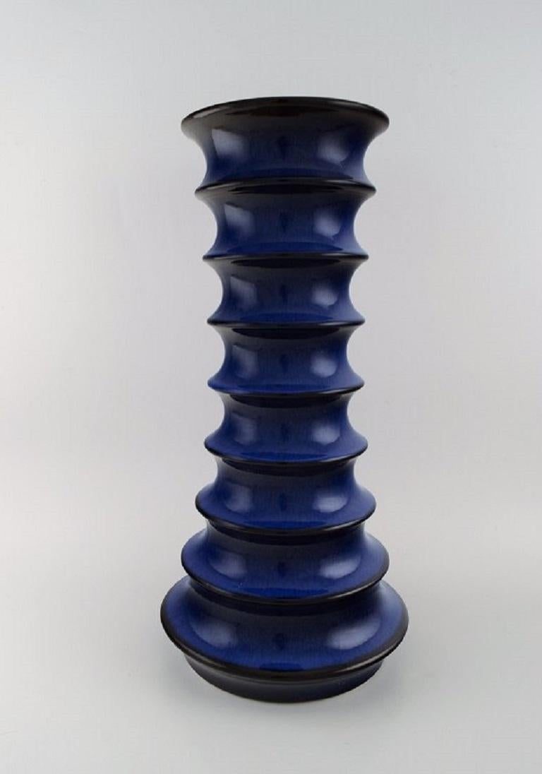 Large German floor vase in glazed ceramics. 
Beautiful glaze in deep blue shades. 
1960s / 70s.
Measures: 50 x 25 cm.
In excellent condition.
Stamped.