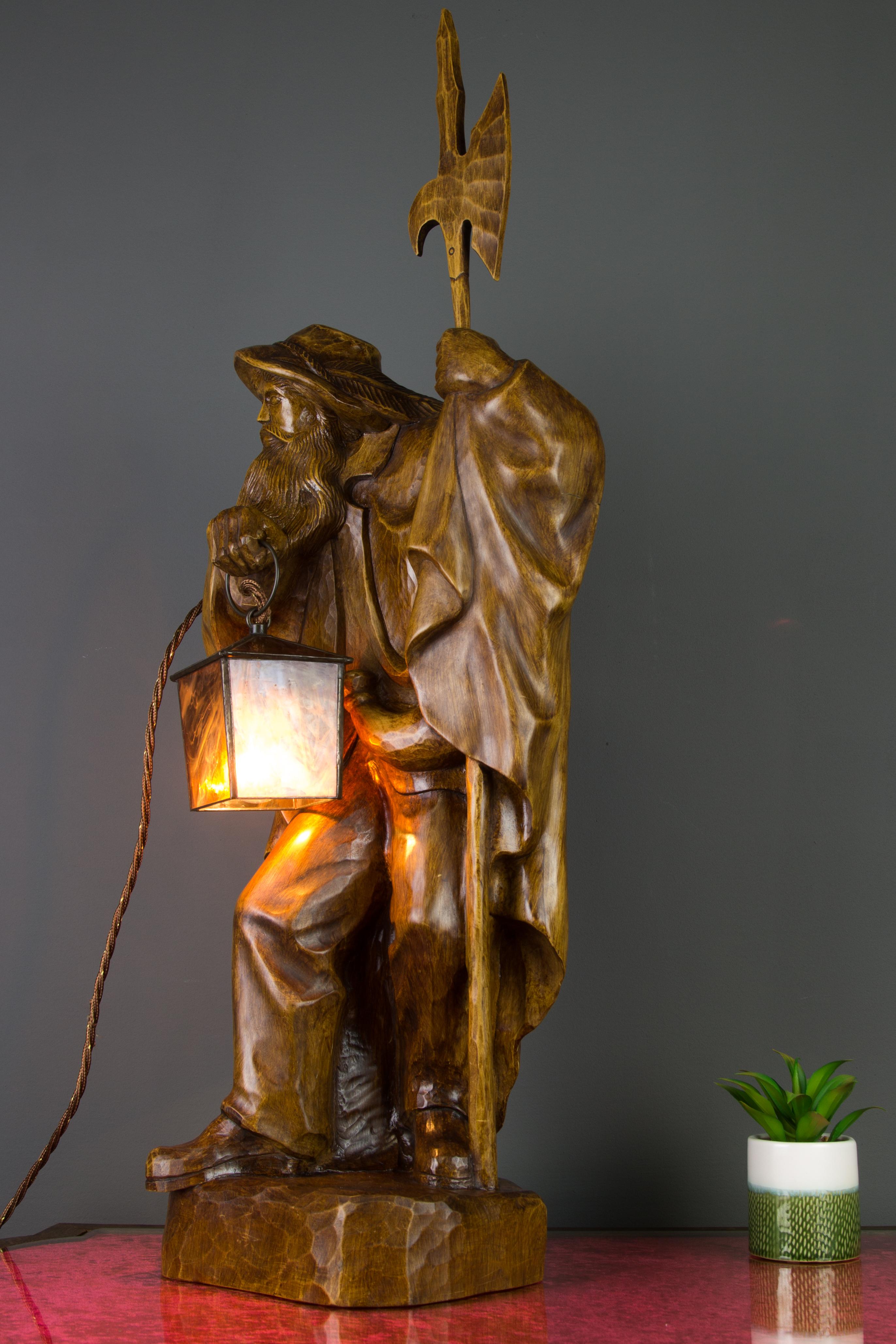 20th Century Large German Hand Carved Wooden Sculpture Lamp Night Watchman with Lantern For Sale