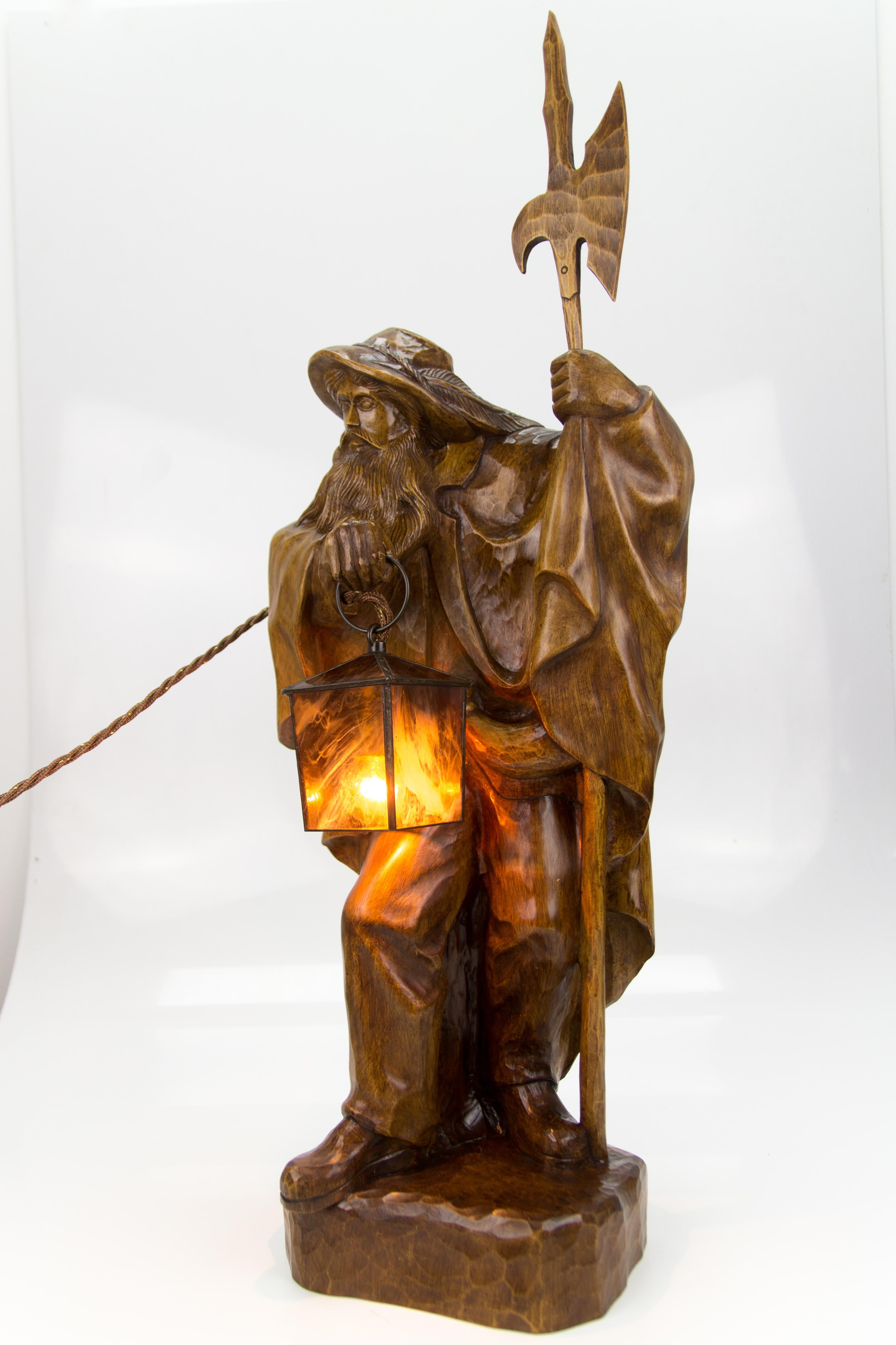 Large German Hand Carved Wooden Sculpture Lamp Night Watchman with Lantern For Sale 3