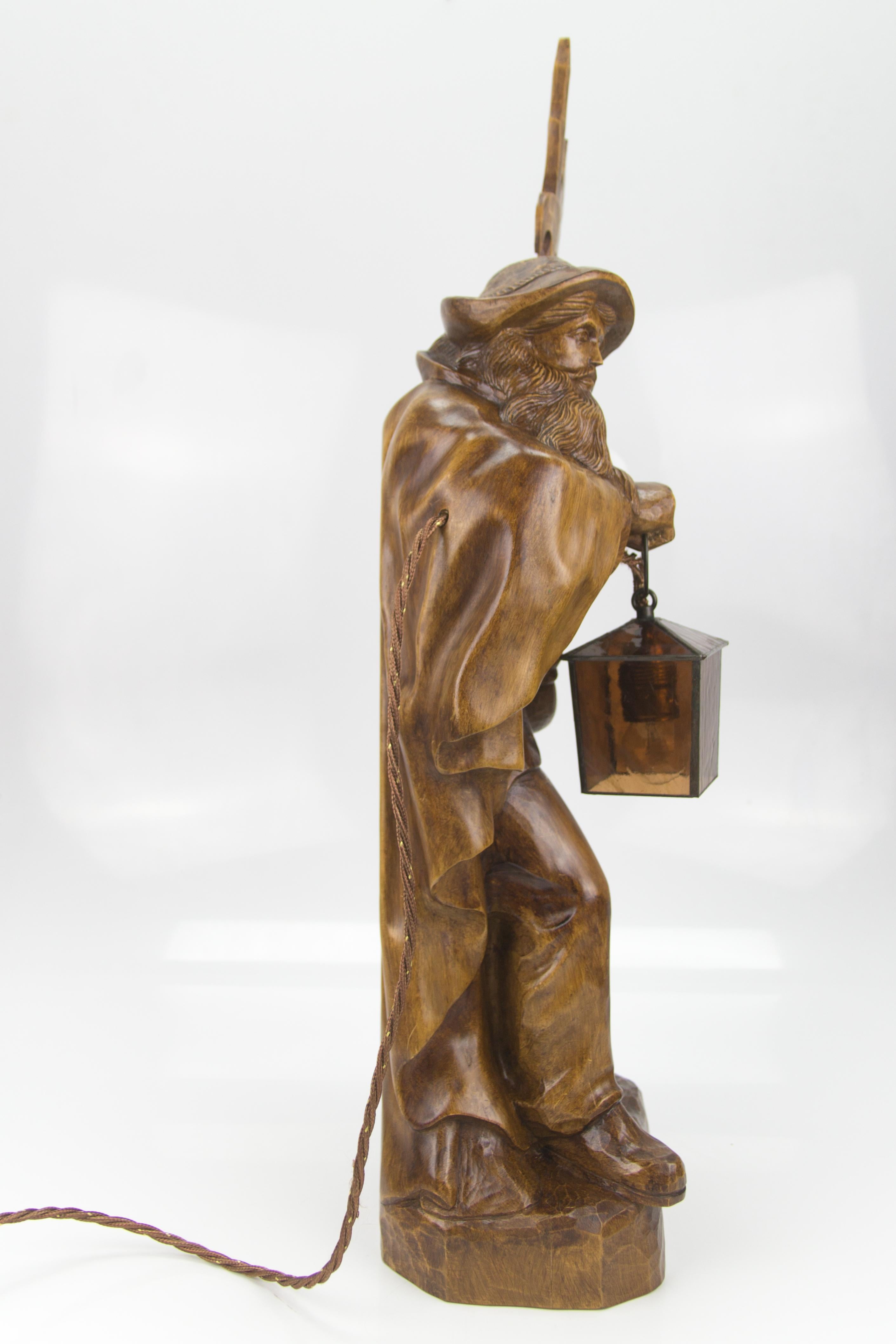 Large German Hand Carved Wooden Sculpture Lamp Night Watchman with Lantern For Sale 4