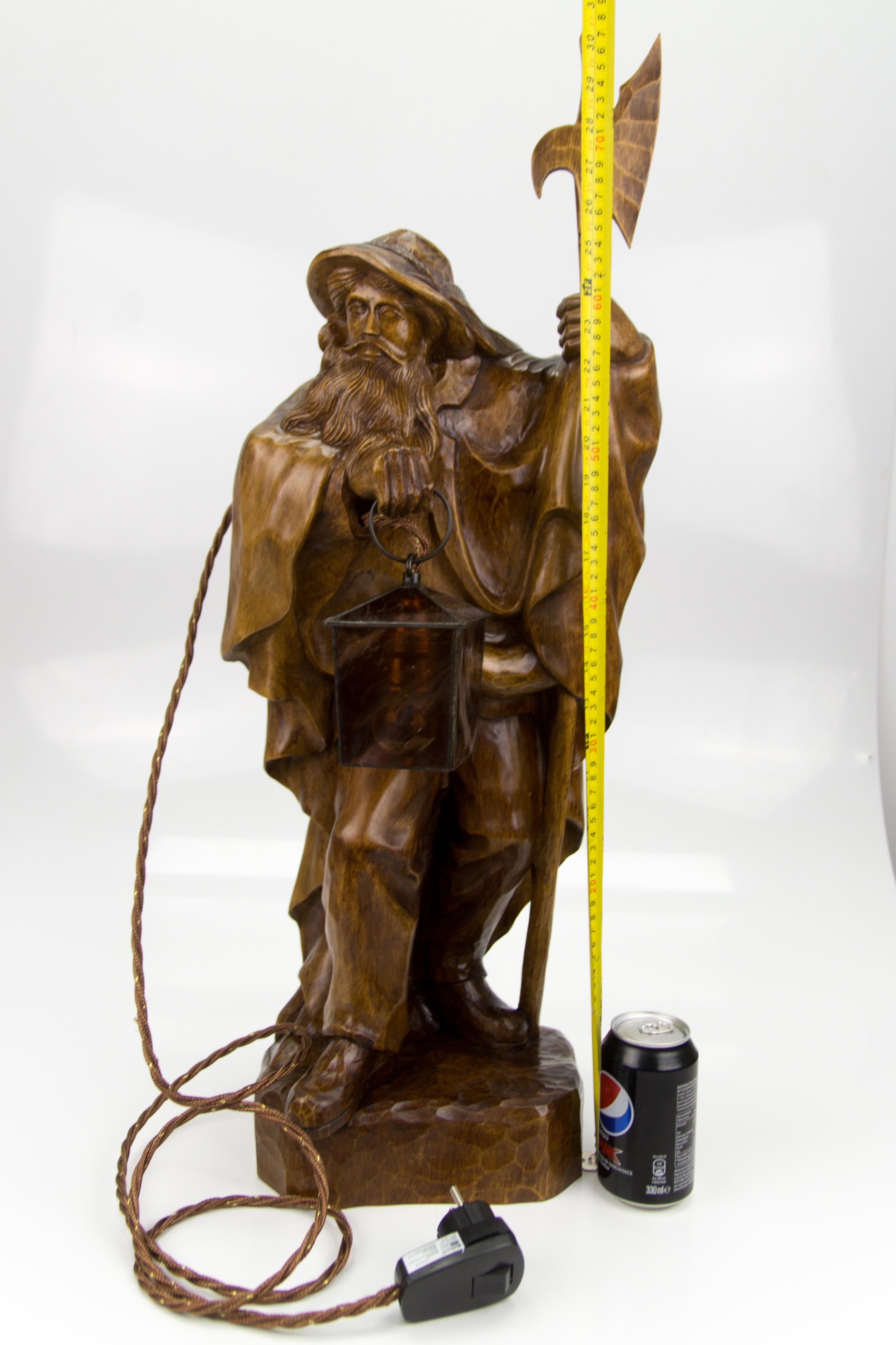 Large German Hand Carved Wooden Sculpture Lamp Night Watchman with Lantern For Sale 8