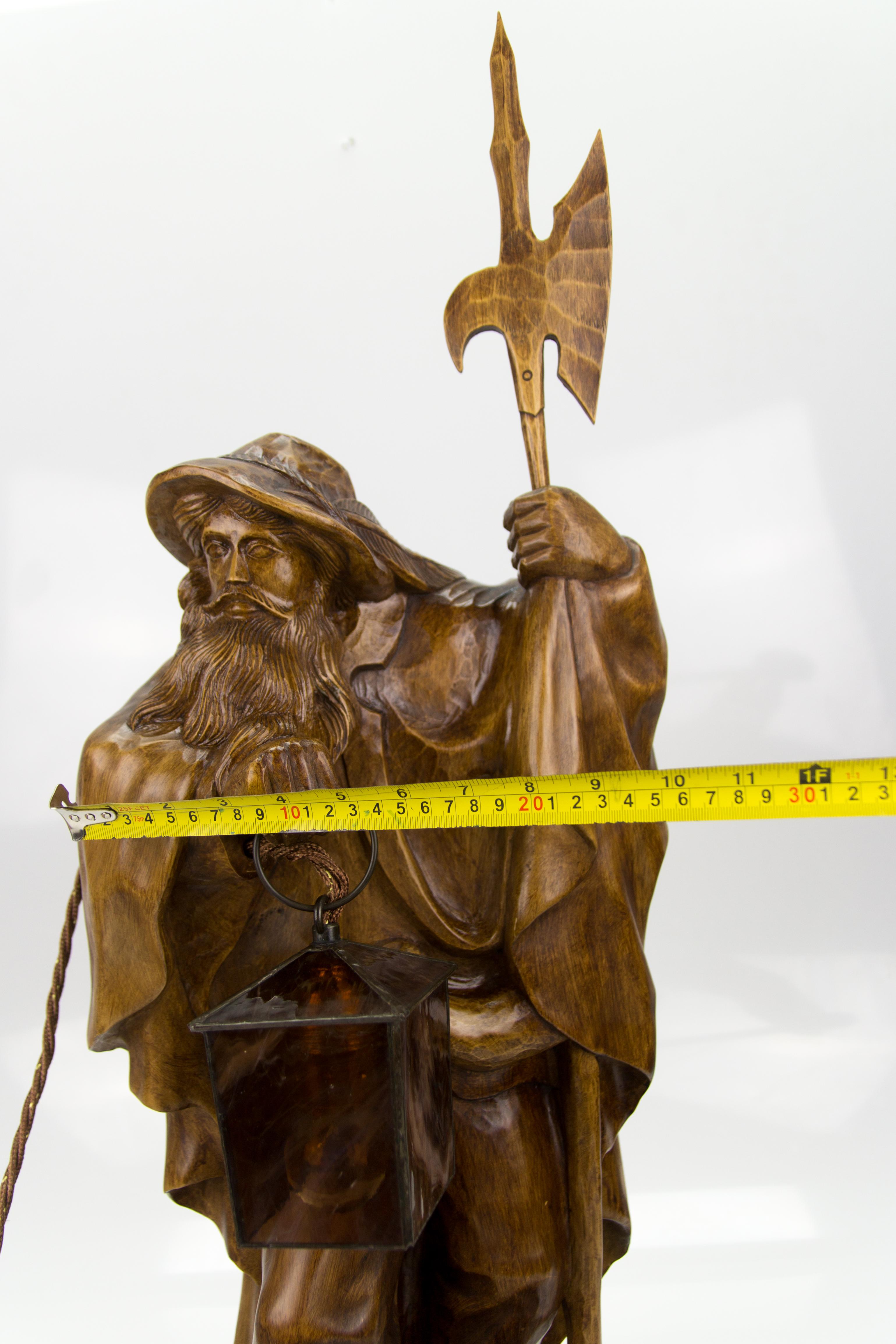 Large German Hand Carved Wooden Sculpture Lamp Night Watchman with Lantern For Sale 9