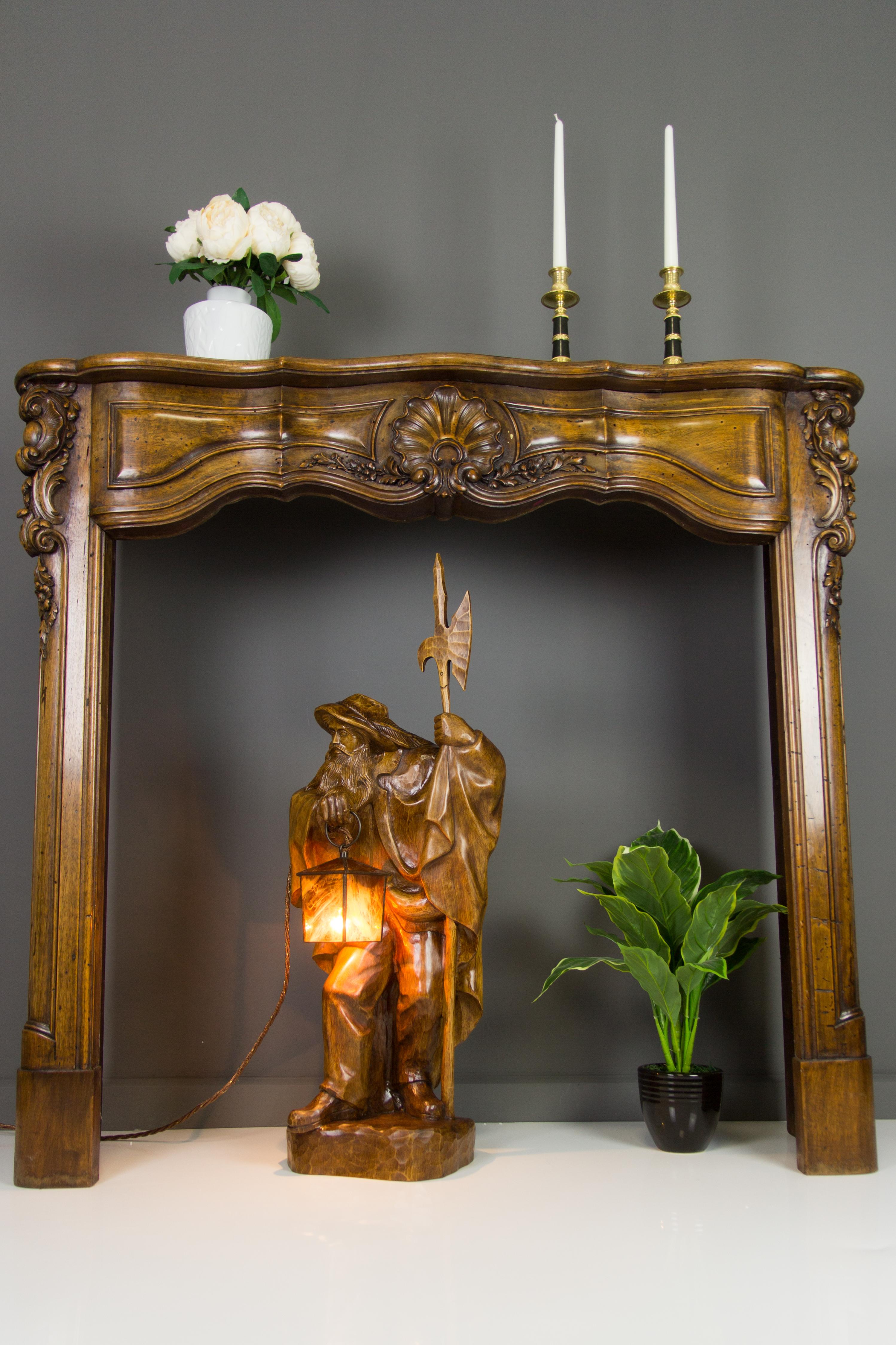 Large German Hand Carved Wooden Sculpture Lamp Night Watchman with Lantern For Sale 10