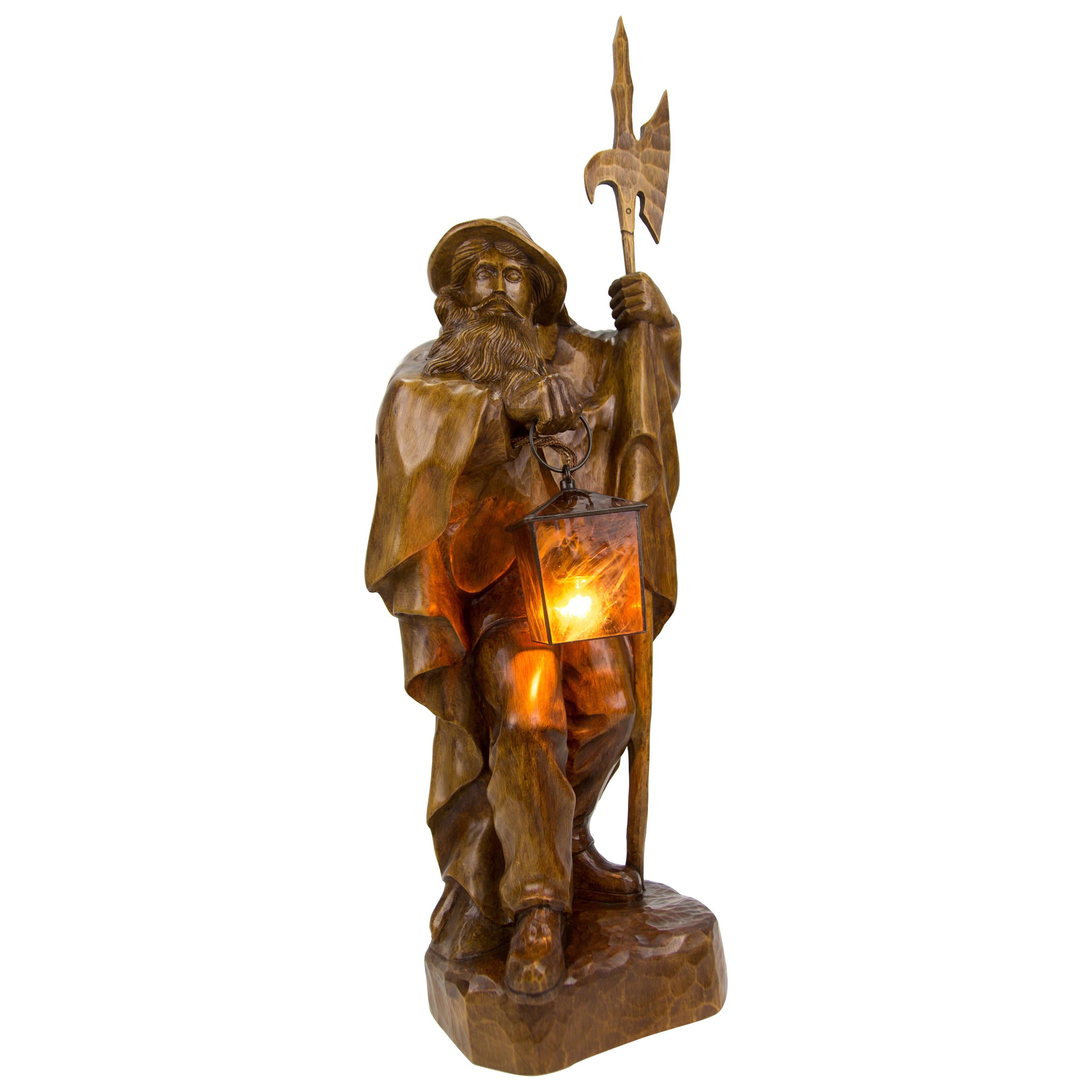 Large German Hand Carved Wooden Sculpture Lamp Night Watchman with Lantern For Sale