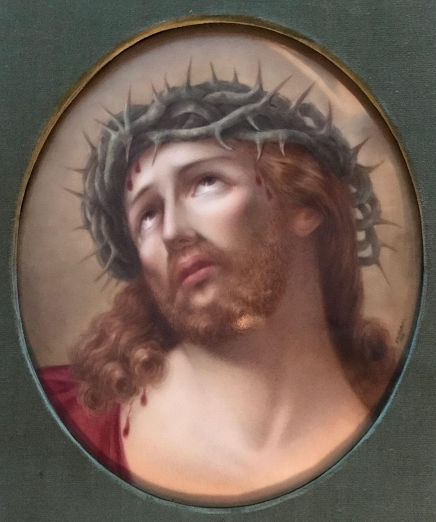 Große deutsche Hutschenreuther-Porzellanplakette mit handbemalter Kopf Christi (Deutsch) im Angebot