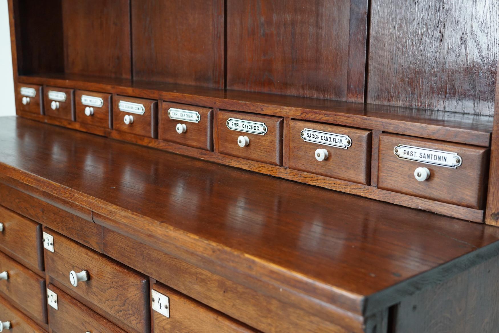 Large German Oak Apothecary Cabinet with Enamel Shields, Late 19th Century 14