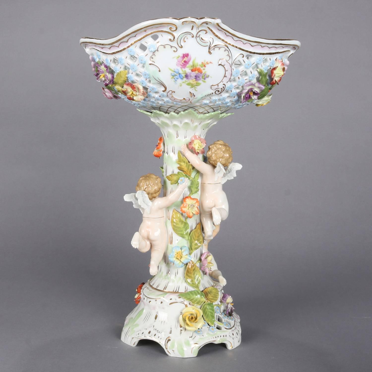 Large German Painted & Gilt Dresden Porcelain Figural Cherub Compote, circa 1890 5