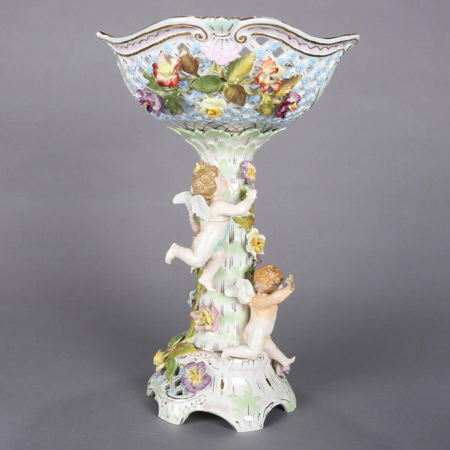 Large German Painted & Gilt Dresden Porcelain Figural Cherub Compote, circa 1890 6