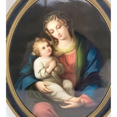 Large German Painted Porcelain Plaque of Madonna & Child, 19th Century
