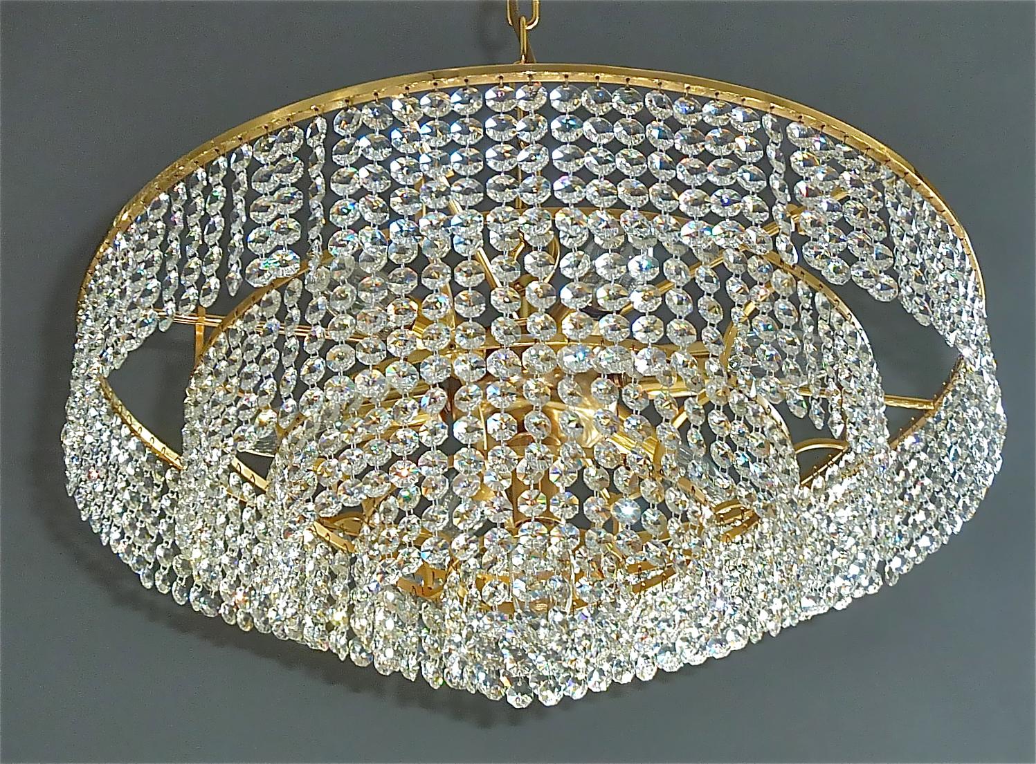 Large German Palwa Cascading Chandelier Gilt Brass Faceted Crystal Glass, 1960s For Sale 5
