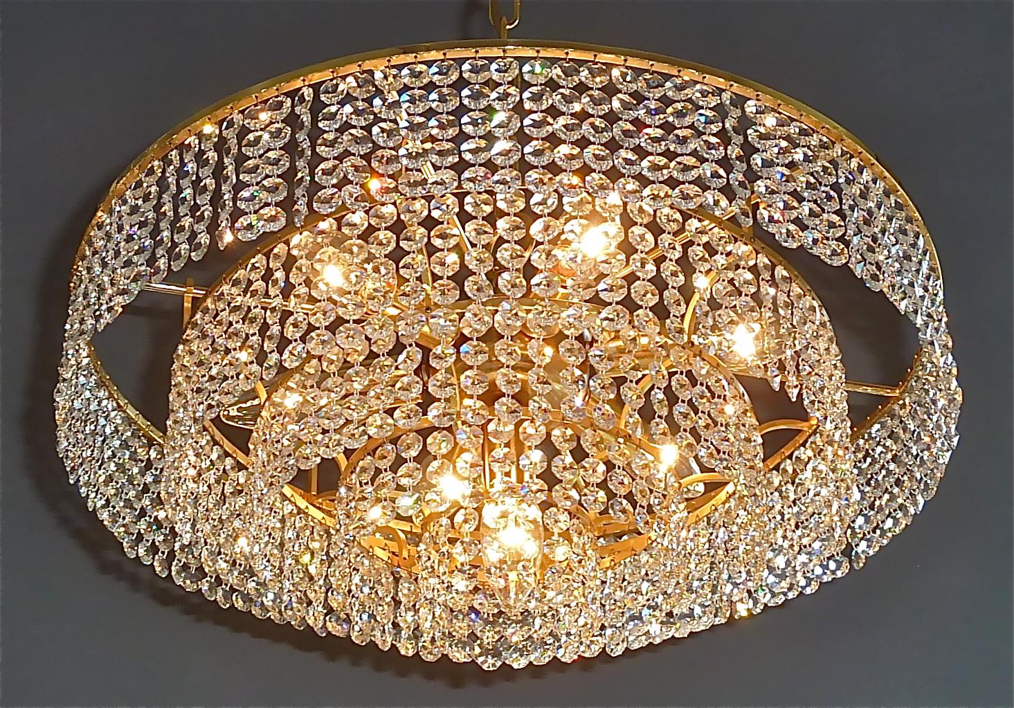 Large German Palwa Cascading Chandelier Gilt Brass Faceted Crystal Glass, 1960s For Sale 6