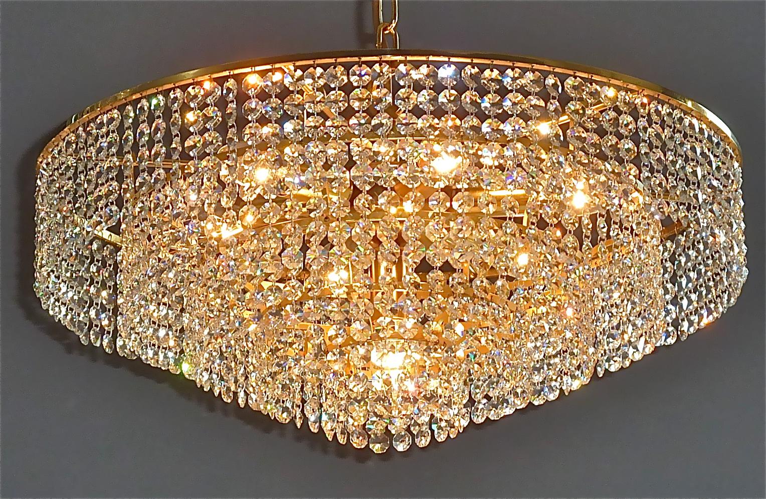 Large German Palwa Cascading Chandelier Gilt Brass Faceted Crystal Glass, 1960s For Sale 7