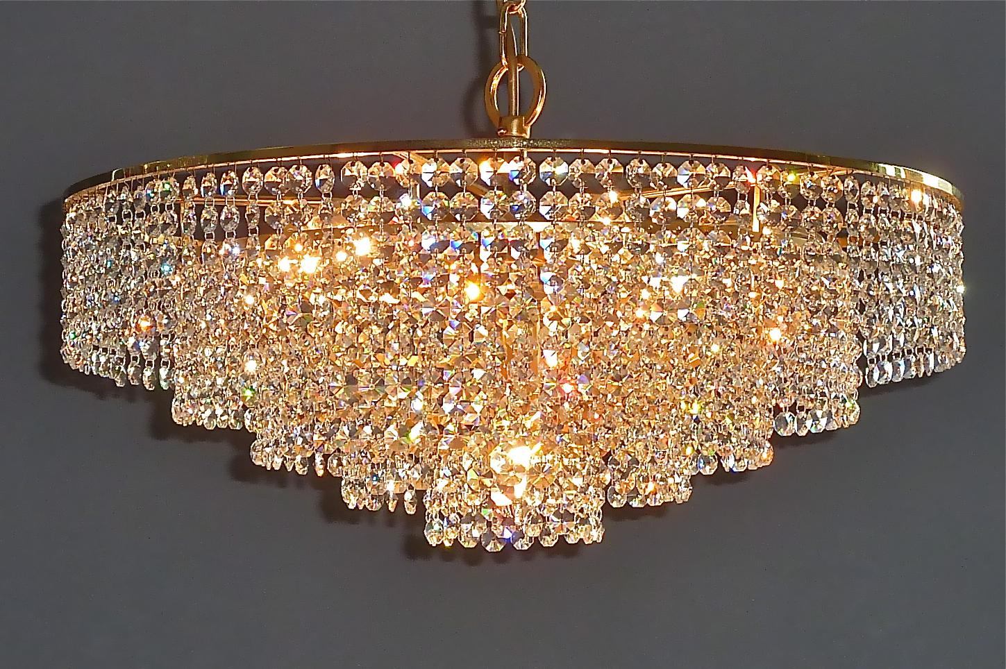 Large German Palwa Cascading Chandelier Gilt Brass Faceted Crystal Glass, 1960s For Sale 11