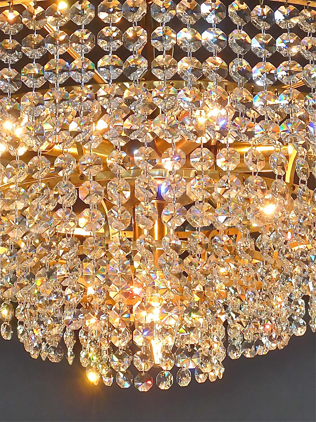 Large German Palwa Cascading Chandelier Gilt Brass Faceted Crystal Glass, 1960s For Sale 12