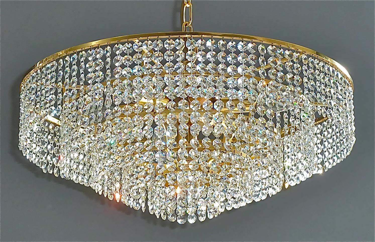 Hollywood Regency Large German Palwa Cascading Chandelier Gilt Brass Faceted Crystal Glass, 1960s For Sale