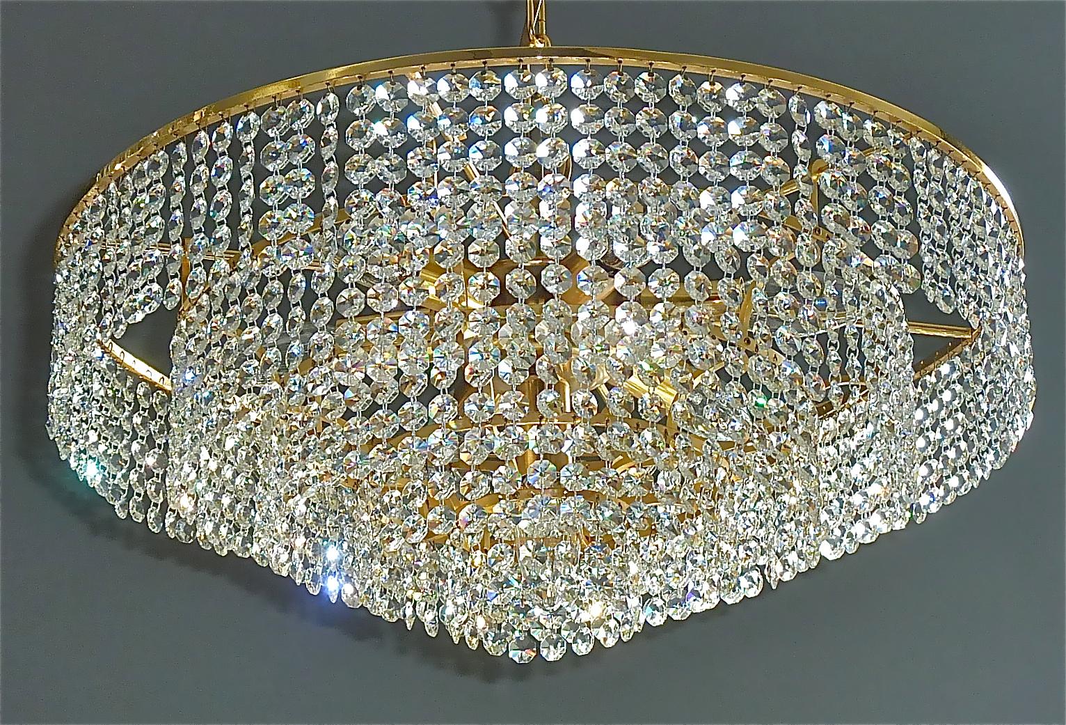 Large German Palwa Cascading Chandelier Gilt Brass Faceted Crystal Glass, 1960s For Sale 4