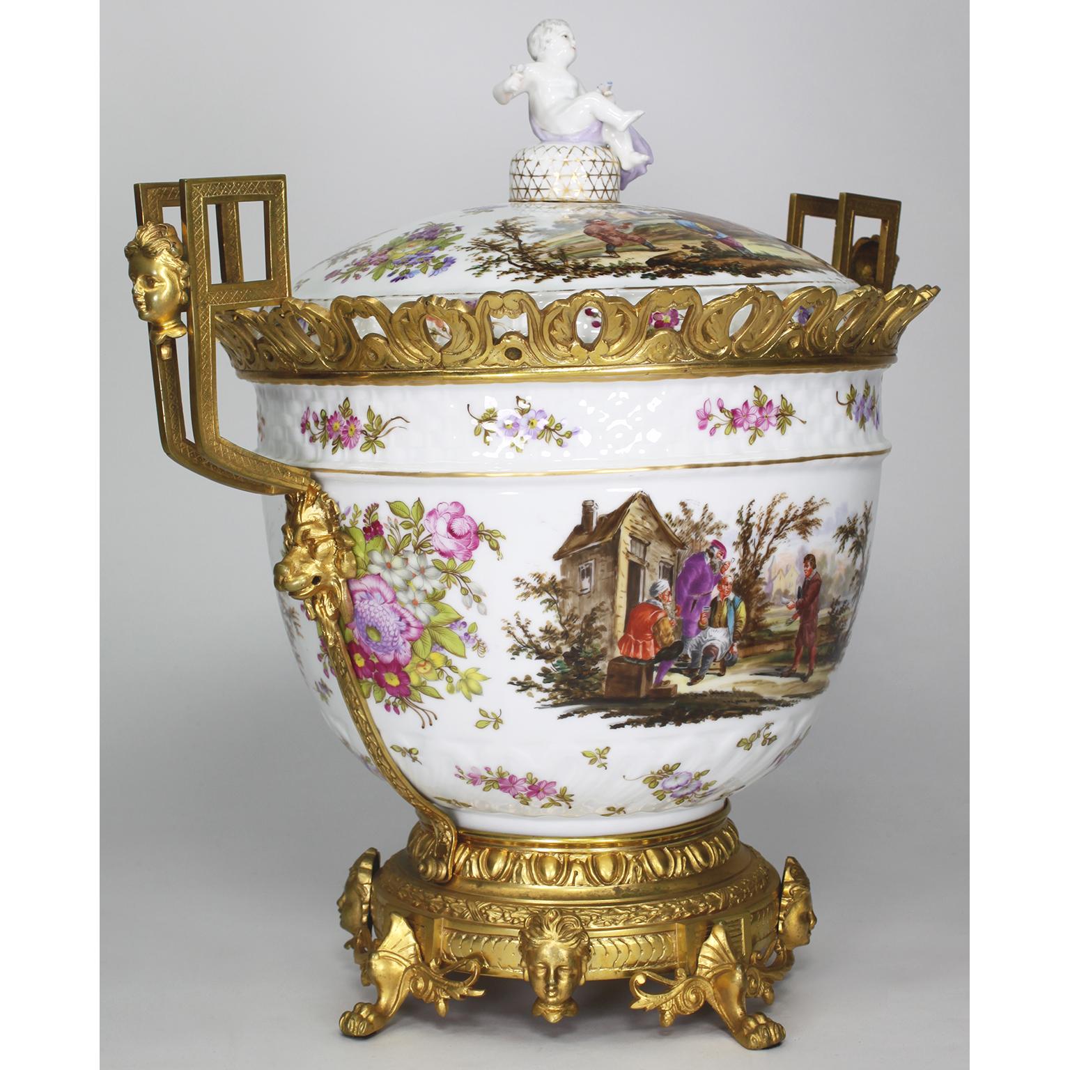 Large German Porcelain & Gilt-Bronze Mounted Urn with Cover in Manner of Meissen For Sale 4