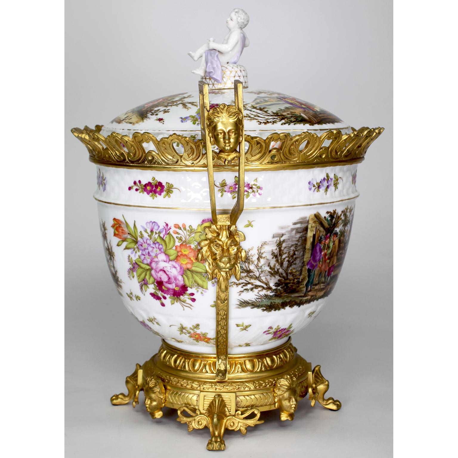 Large German Porcelain & Gilt-Bronze Mounted Urn with Cover in Manner of Meissen For Sale 5