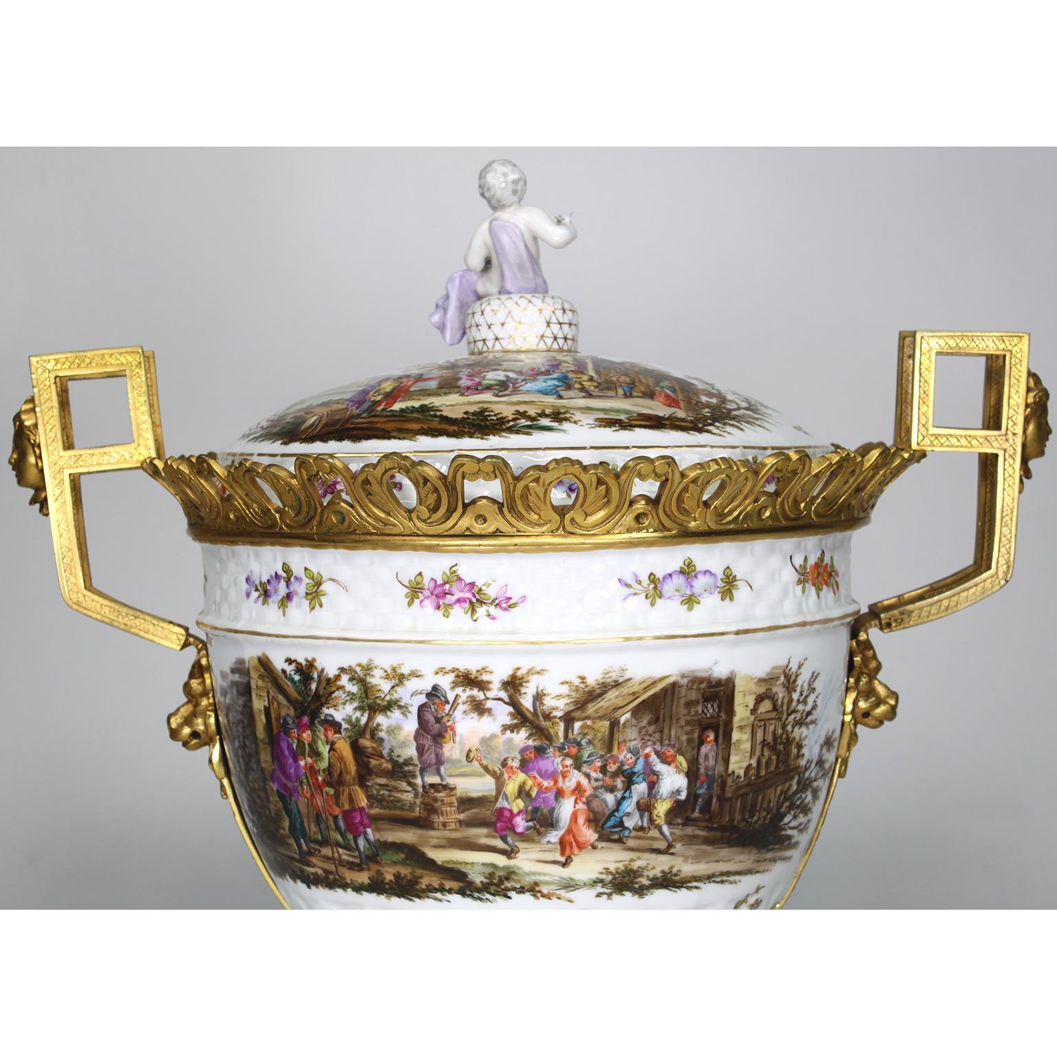 Large German Porcelain & Gilt-Bronze Mounted Urn with Cover in Manner of Meissen For Sale 6