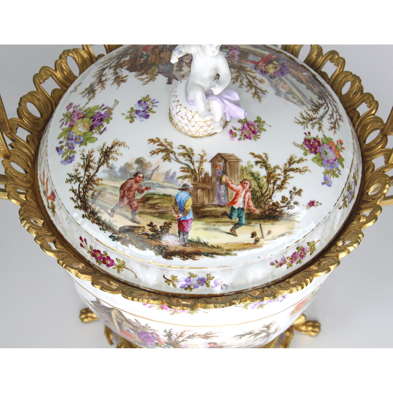 Large German Porcelain & Gilt-Bronze Mounted Urn with Cover in Manner of Meissen For Sale 8