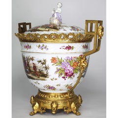 Large German Porcelain & Gilt-Bronze Mounted Urn with Cover in Manner of Meissen