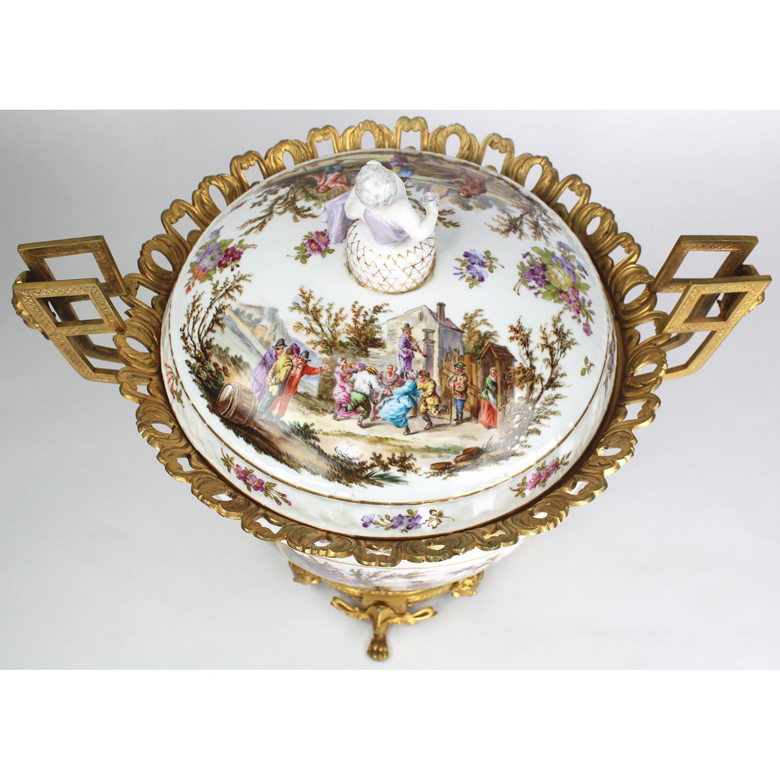 Baroque Revival Large German Porcelain & Gilt-Bronze Mounted Urn with Cover in Manner of Meissen For Sale