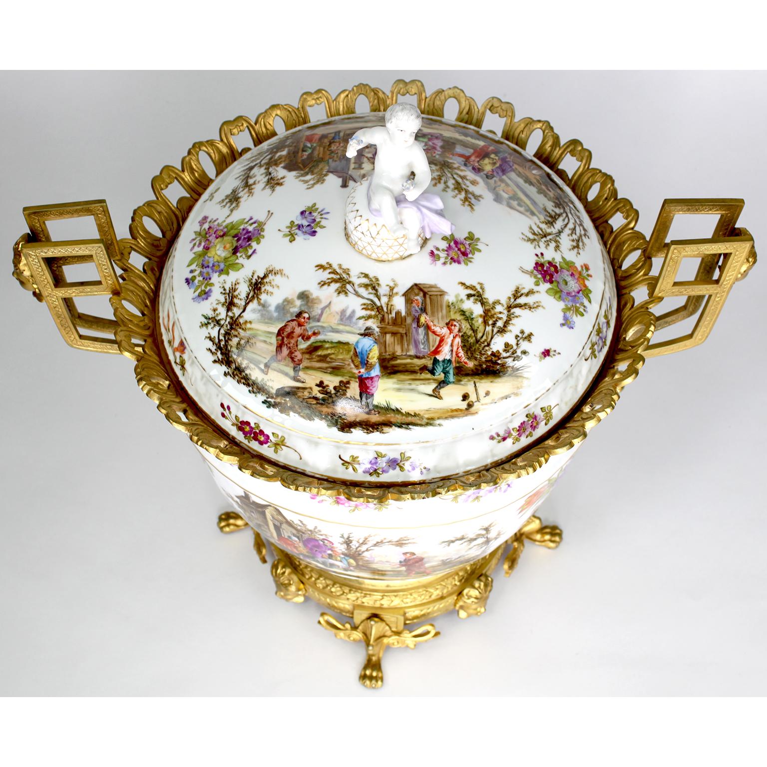 Hand-Painted Large German Porcelain & Gilt-Bronze Mounted Urn with Cover in Manner of Meissen For Sale