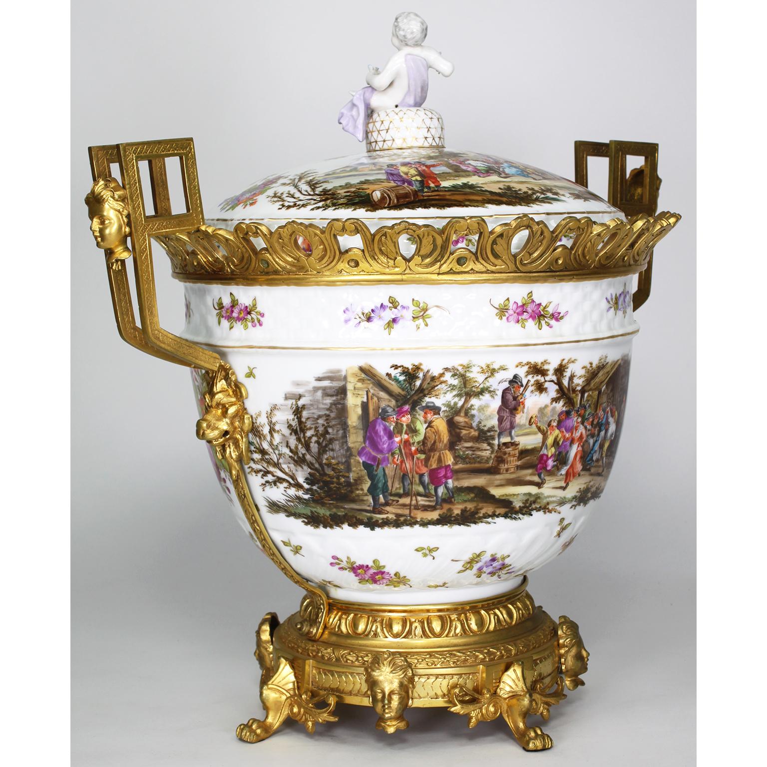 Large German Porcelain & Gilt-Bronze Mounted Urn with Cover in Manner of Meissen In Good Condition For Sale In Los Angeles, CA