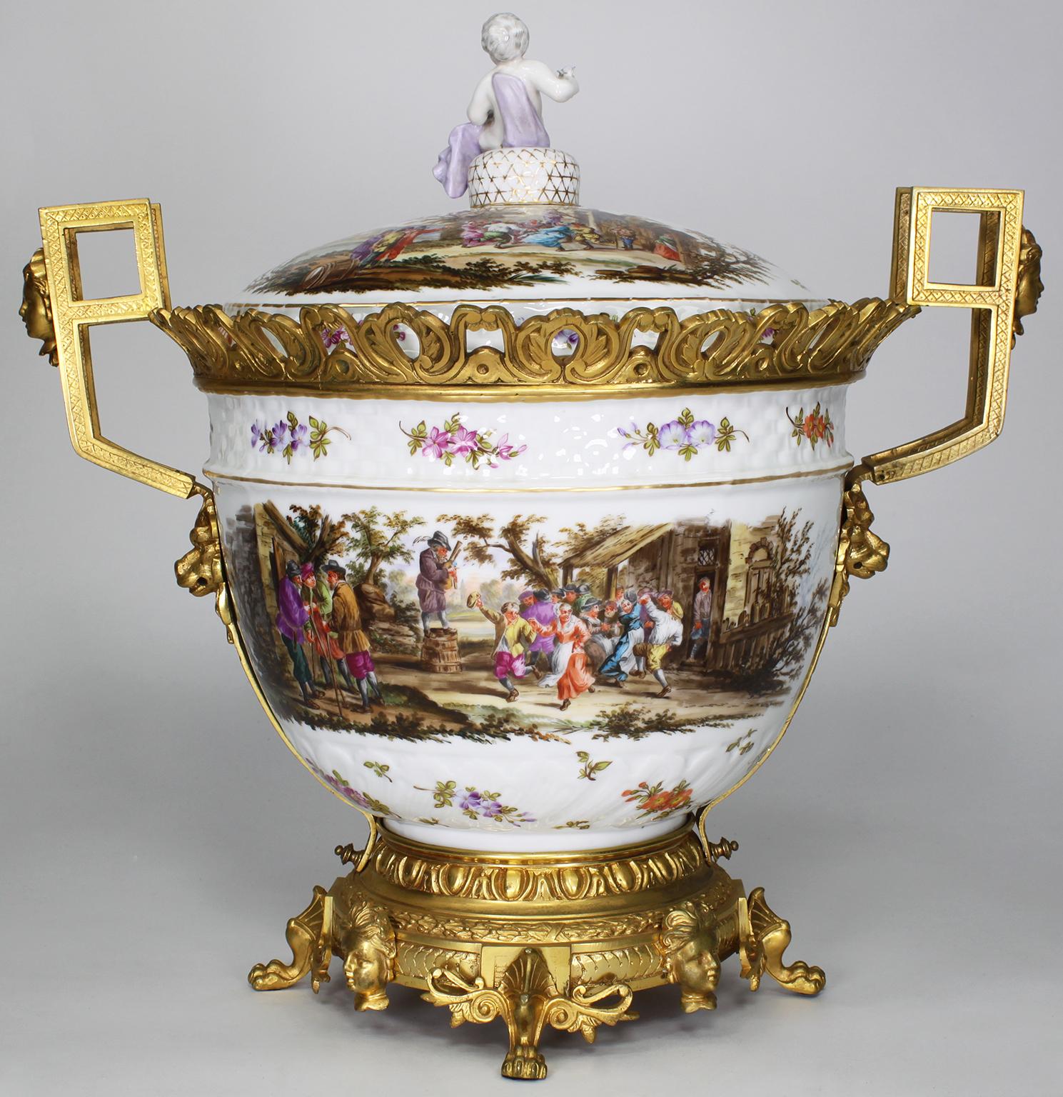 Early 20th Century Large German Porcelain & Gilt-Bronze Mounted Urn with Cover in Manner of Meissen For Sale