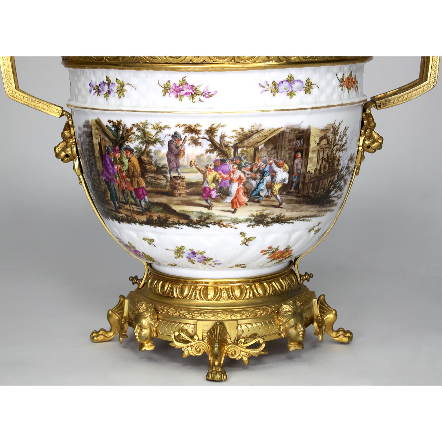 Large German Porcelain & Gilt-Bronze Mounted Urn with Cover in Manner of Meissen For Sale 1