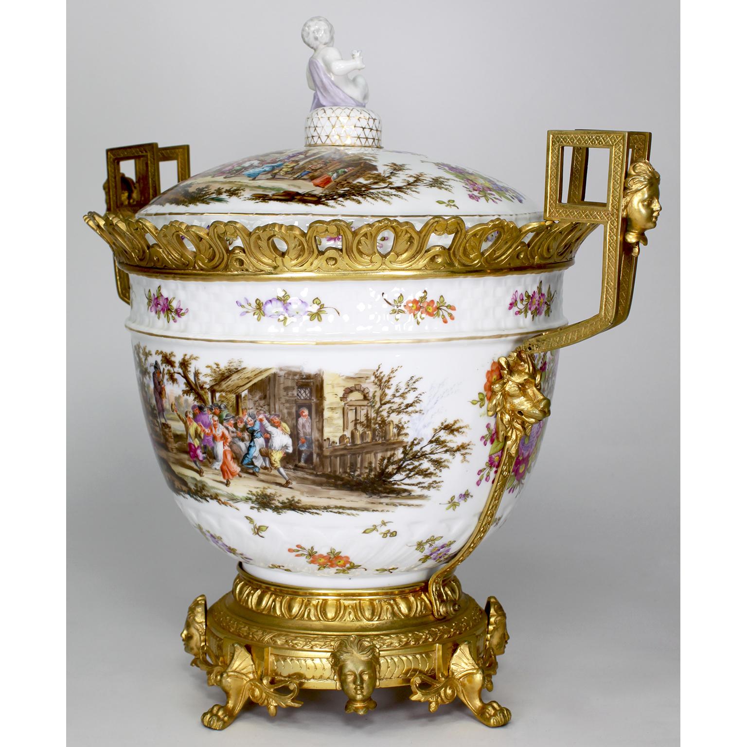 Large German Porcelain & Gilt-Bronze Mounted Urn with Cover in Manner of Meissen For Sale 2