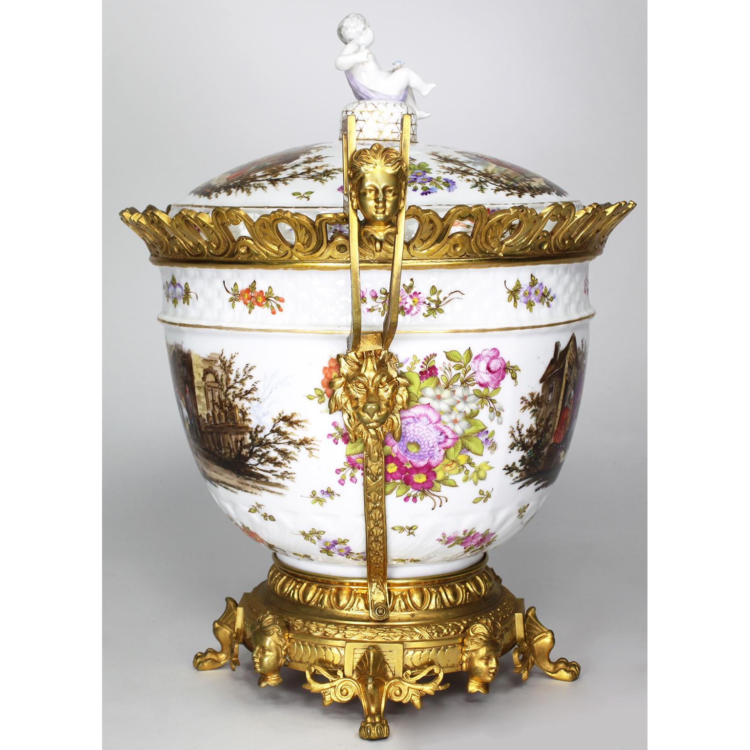 Large German Porcelain & Gilt-Bronze Mounted Urn with Cover in Manner of Meissen For Sale 3