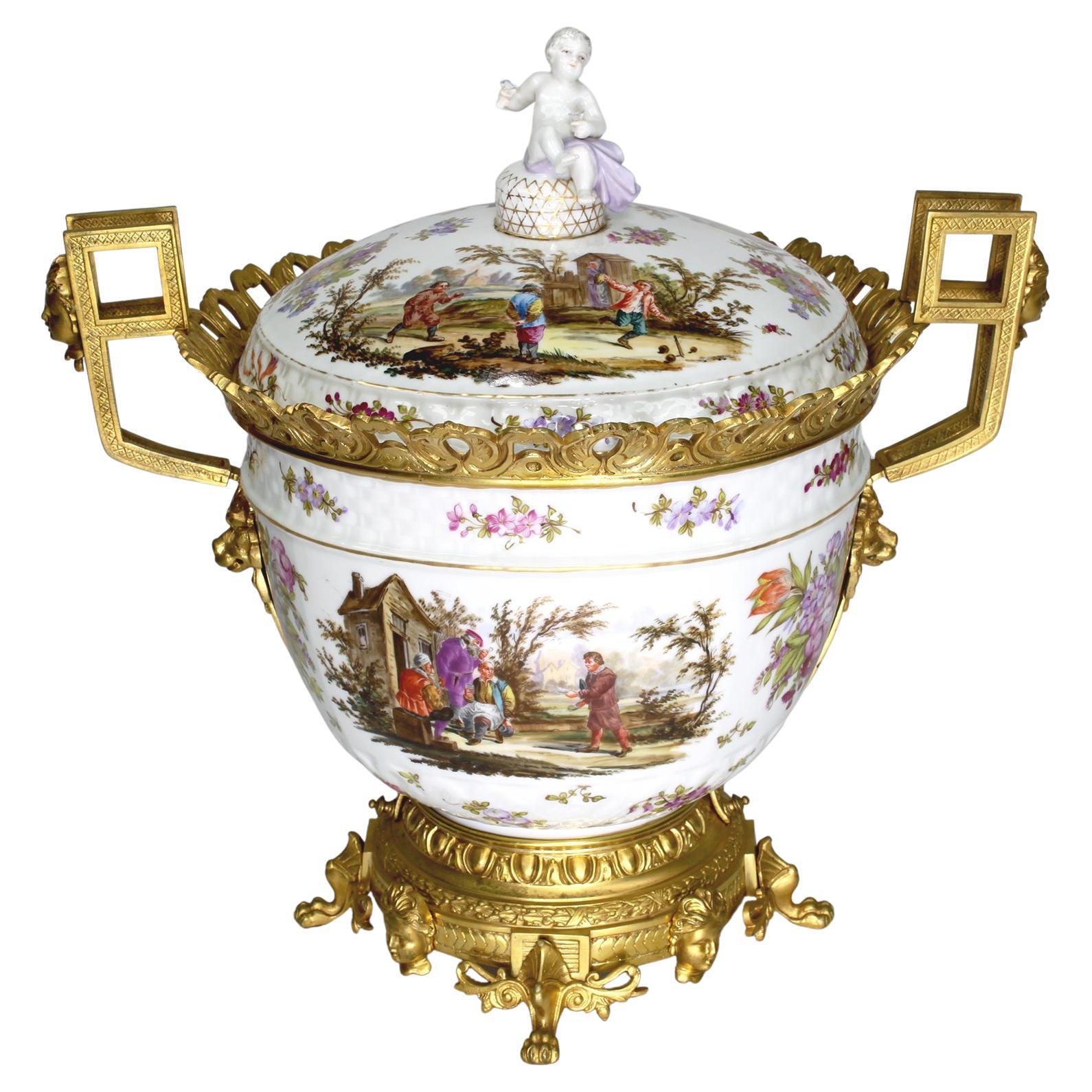 Large German Porcelain & Gilt-Bronze Mounted Urn with Cover in Manner of Meissen For Sale