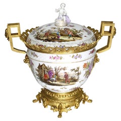 Large German Porcelain & Gilt-Bronze Mounted Urn with Cover in Manner of Meissen
