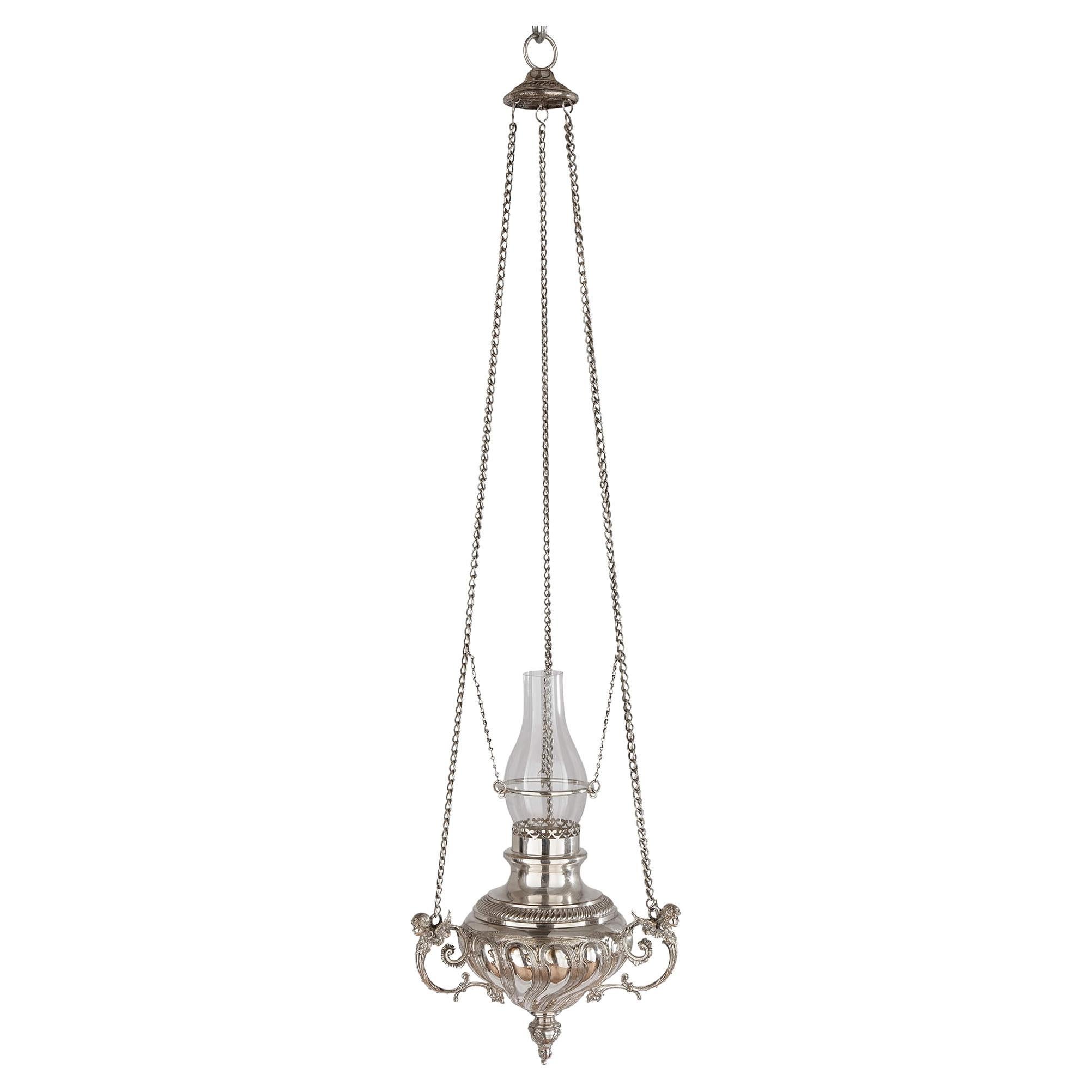 Large German Silver-Plated Hanging Lantern by WMF For Sale